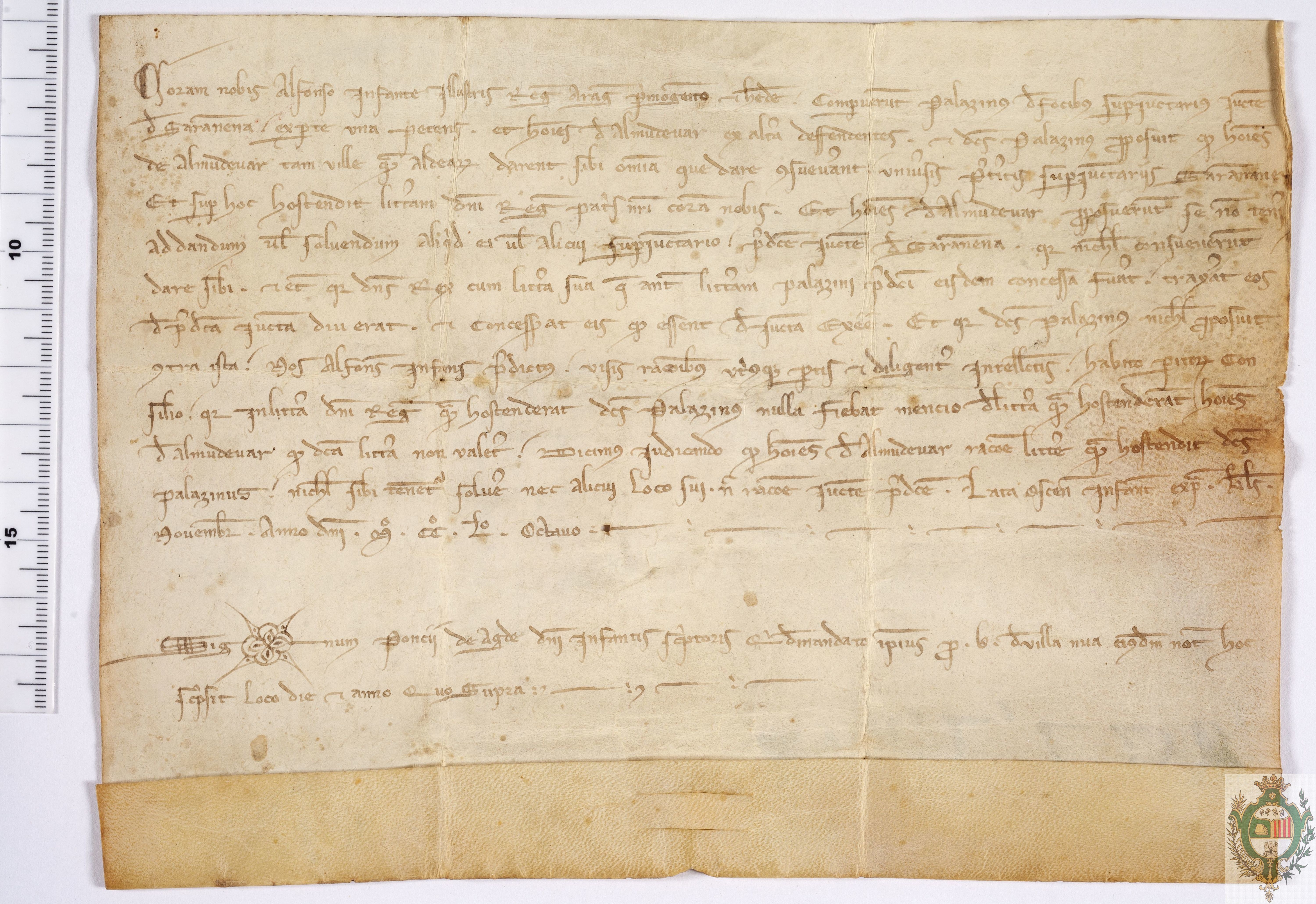 El infante Alfonso ve la causa existente entre los hombres de Almudévar y sus aldeas, por una parte, y Palacín de Foces, lugarteniente del Justicia de Sariñena, por la otra, sobre el pago que el segundo exigía a los primeros, y dictamina la absolución de los primeros del pago