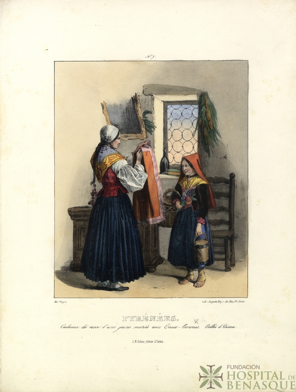 "Nº 7. Pyrénées. Cadeaux de noce d'une jeune mariée aux Eaux-Bonnes. Ed. Pingret. J. M. Duford, èditeur à Tarbes. Lith. Auguste Bry, r. du Bac, 114, Paris."