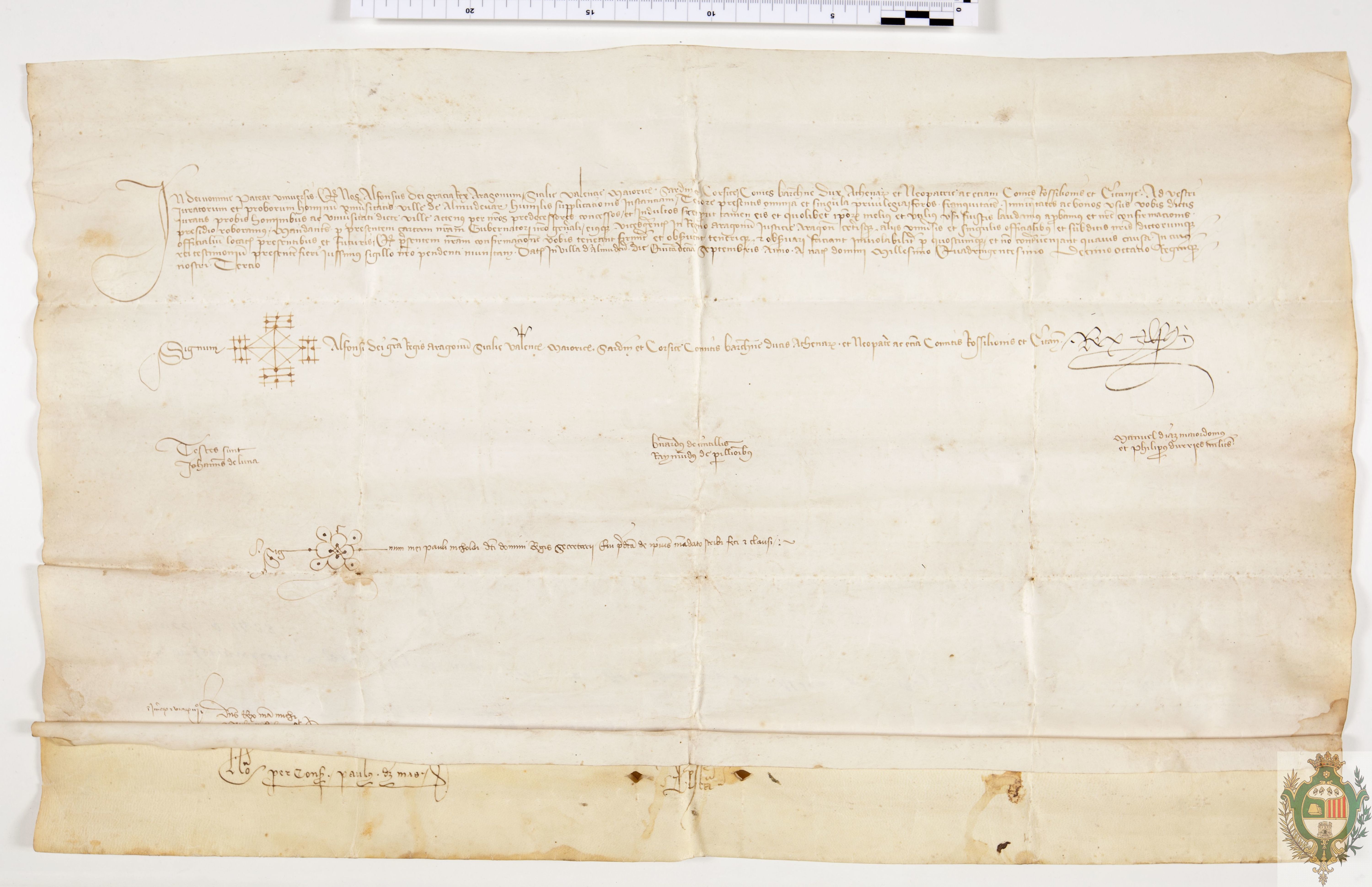 Alfonso V confirma a la villa de Almudévar y sus aldeas todos los privilegios, franquías y libertades concedidas por sus antecesores