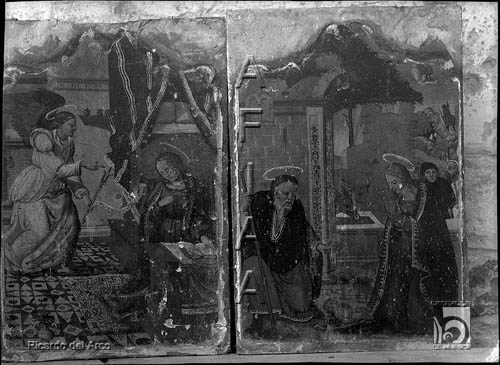 Iglesia parroquial. Pinturas sobre tabla con escenas de la Anunciación y el Nacimiento. Ricardo del Arco y Garay. Lascasas