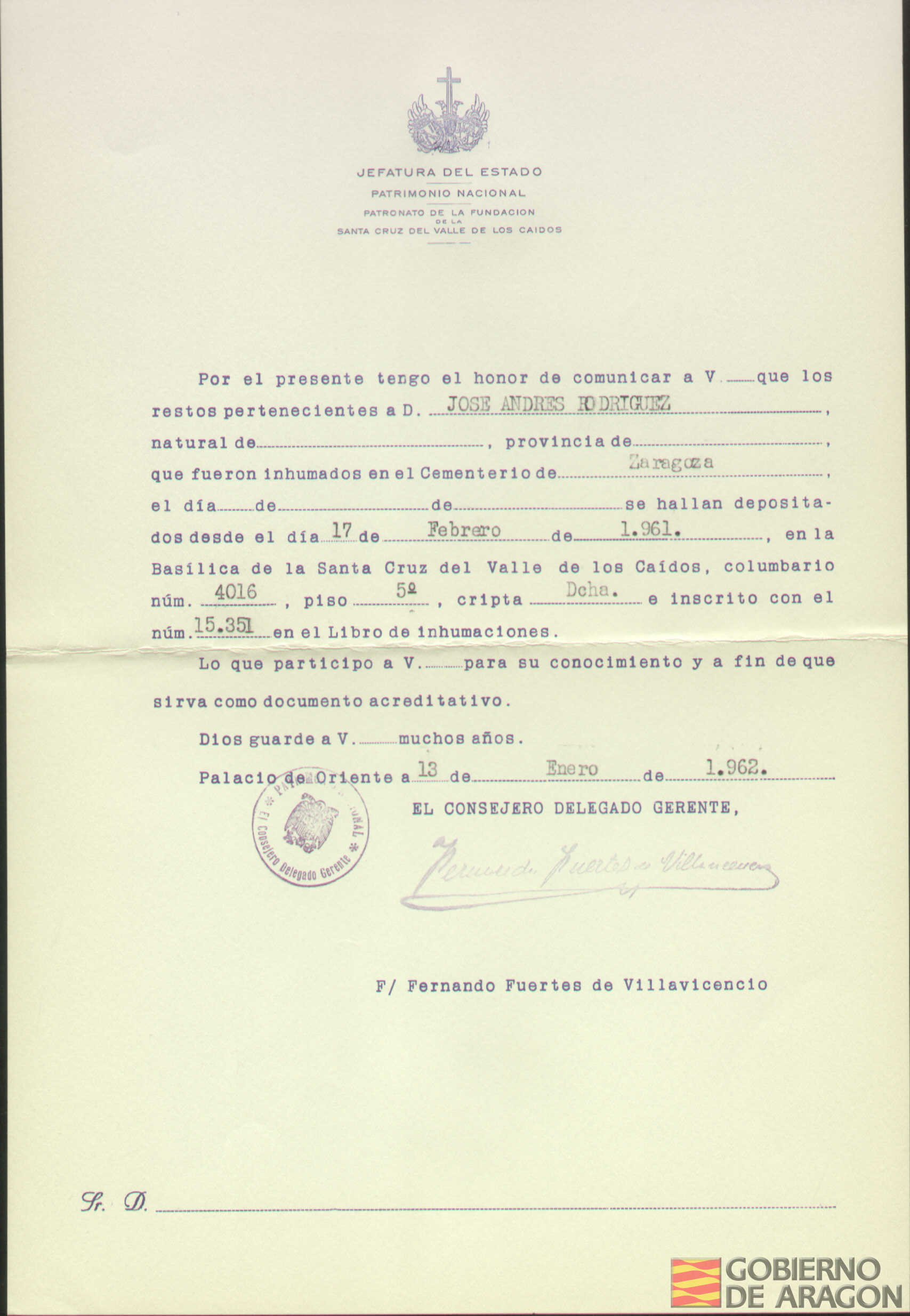 Traslado al Valle de los Caídos de los restos mortales de José Andrés Rodríguez el día 17 de febrero de 1961