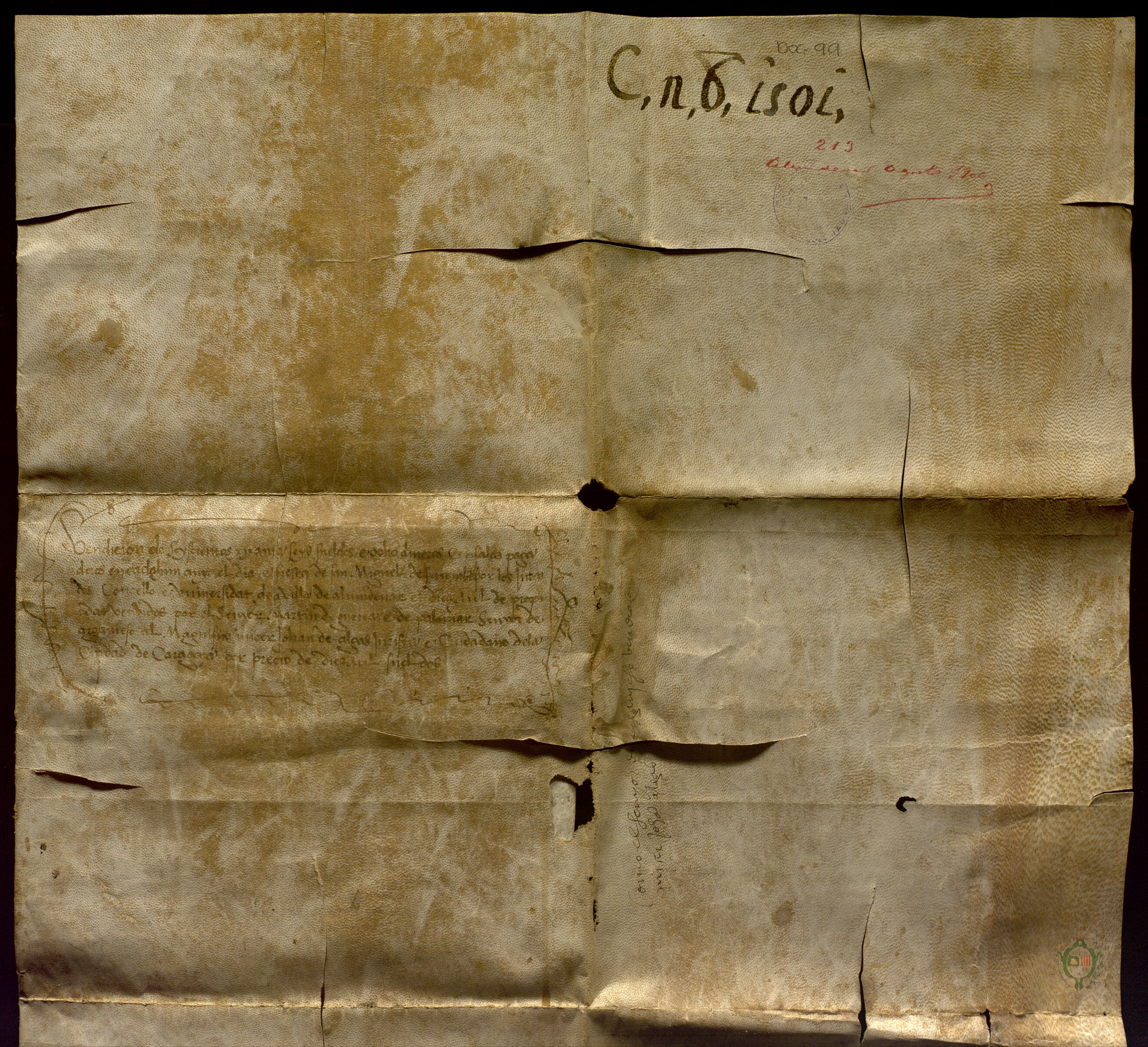 Martín de Gurrea y Palomar, infanzón habitante en Zaragoza y señor de Argavieso, revende a Juan de Aguas, jurista ciudadano de Zaragoza, un censal de 666 sueldos y 8 dineros jaqueses de renta anual y 10.000 sueldos de propiedad, del censal de 800 sueldos jaqueses anuales y 12.000 sueldos de propiedad que le pagaba el concejo de Almudévar.