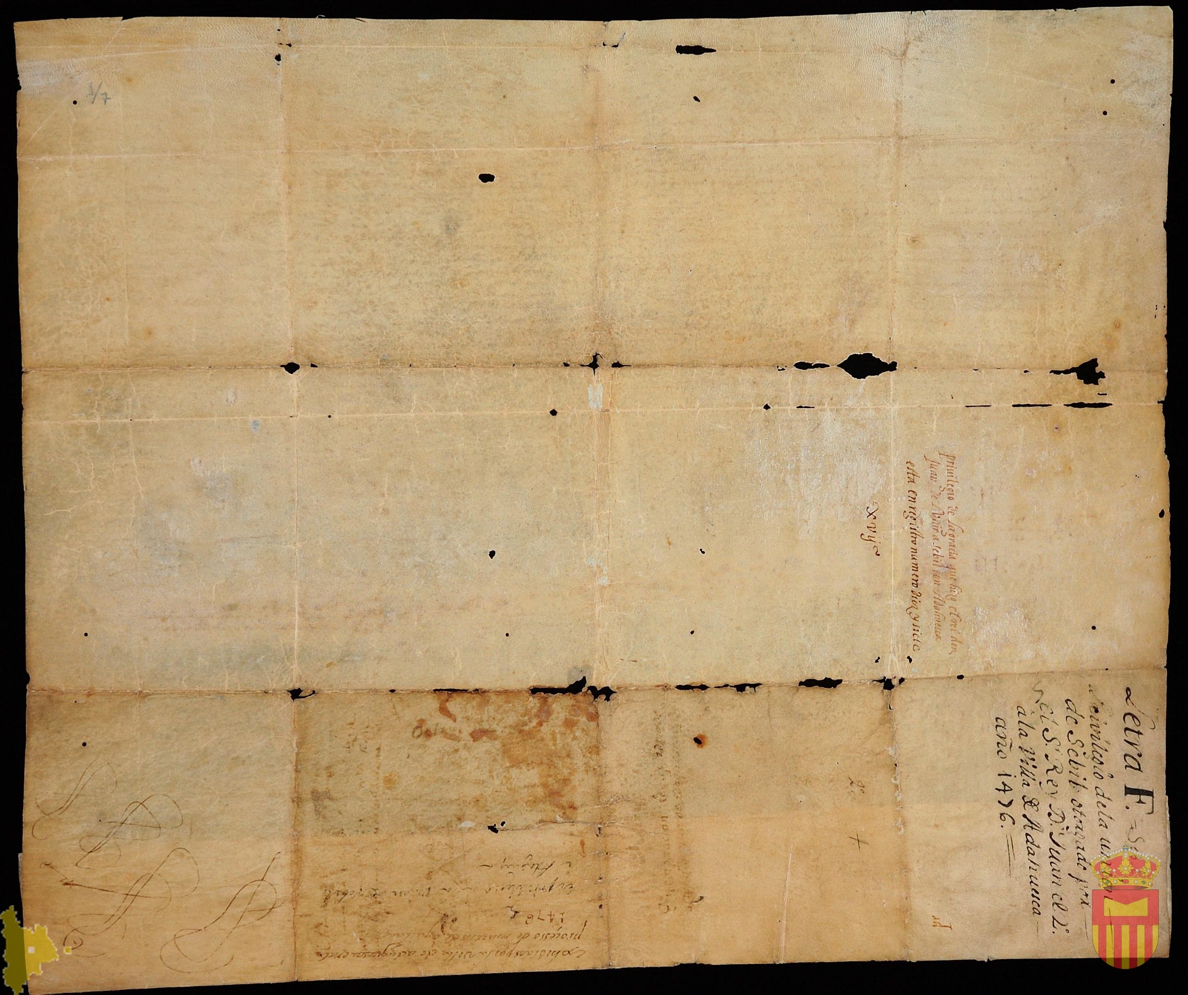 Privilegio real por el que Don Juan II dona a Adahuesca en el lugar de Sevil, despoblado entonces, con la condición de que paguen la peita correspondiente.