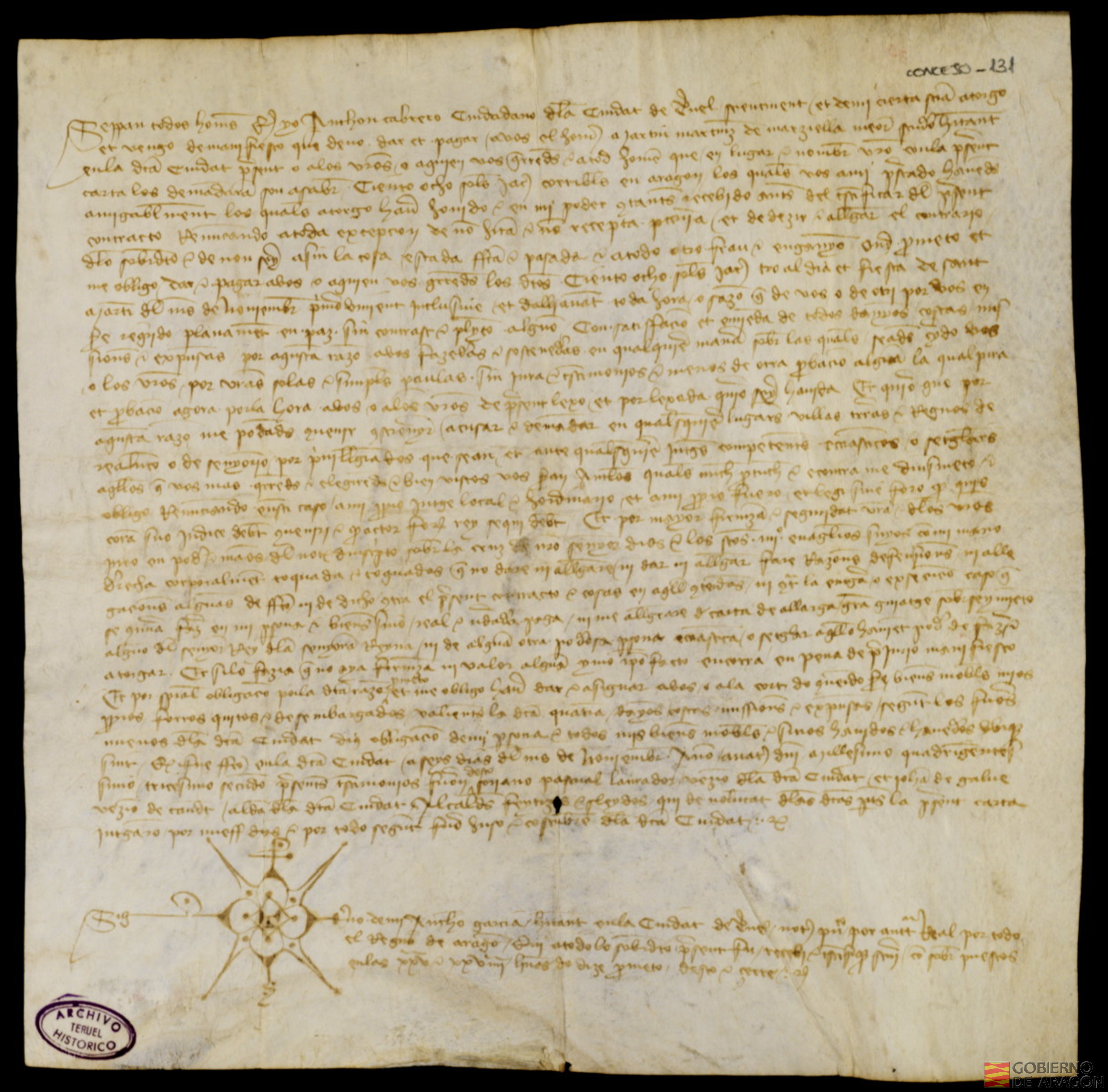 Reconocimiento de una deuda de ciento ocho sueldos jaqueses que hace Antón Cabrero, ciudadano de Teruel a Martín Martínez de Marcilla, escudero al cual se compromete a devolver la próxima festividad de San Martín