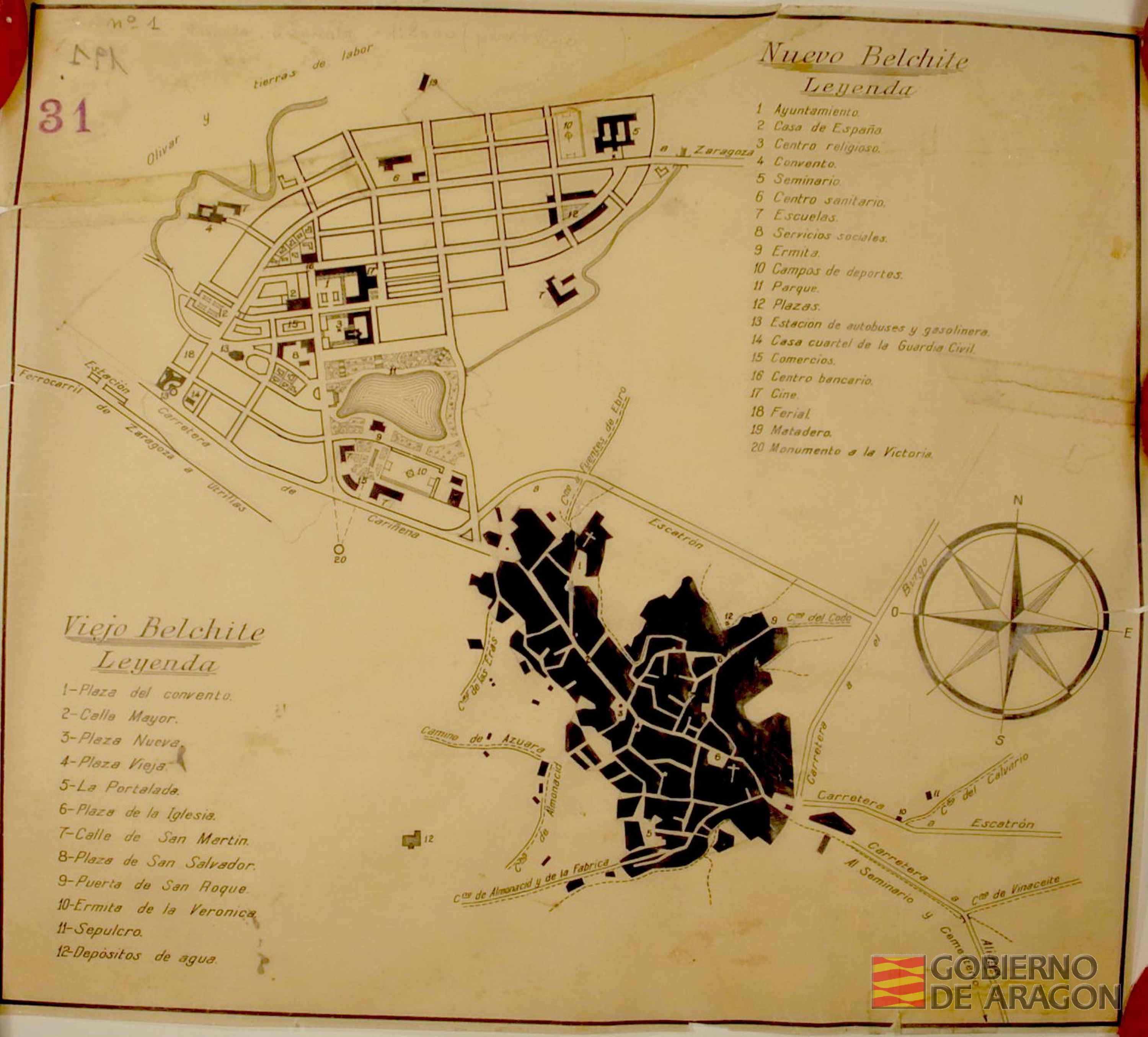 Plano de los cascos urbanos de la población del Nuevo y Viejo Belchite