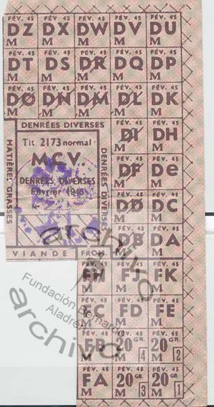 Cartilla de racionamiento con las cantidades de diversos alimentos a recibir en Febrero de 1945