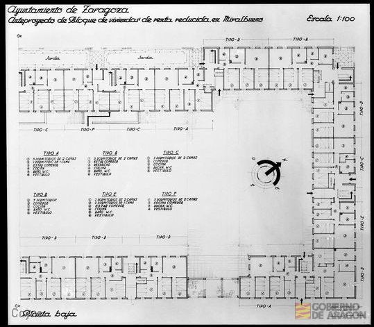 Plano del anteproyecto de un bloque de viviendas de renta reducida en Miralbueno firmado por el arquitecto Fernando García Rozas.