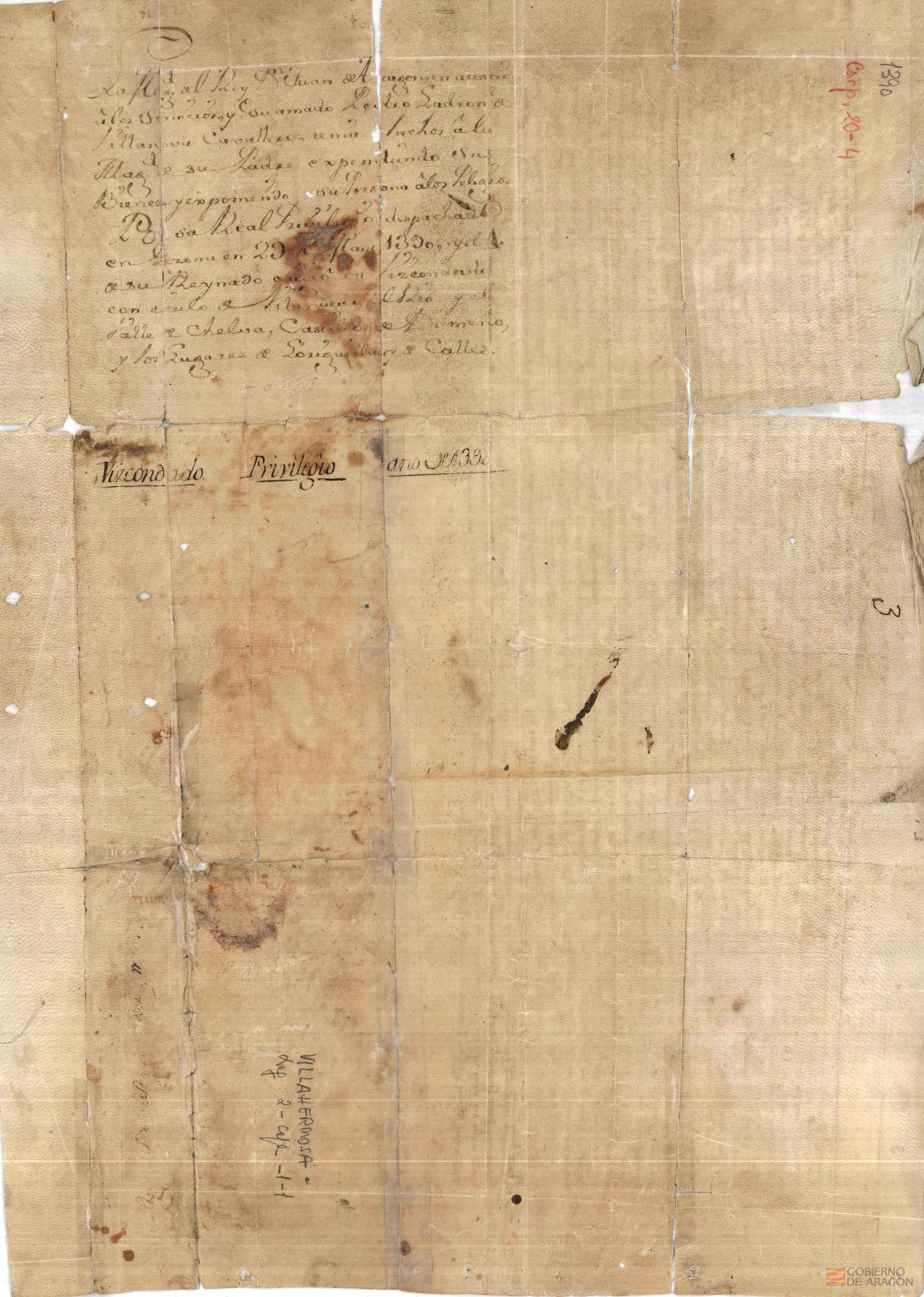 Juan I de Aragón concede al noble Don Pedro Ladrón de Villanova,por los servicios que prestó a su padre el Rey,la villa de Manzanera y sus términos,y el vizcondado de Villanova.