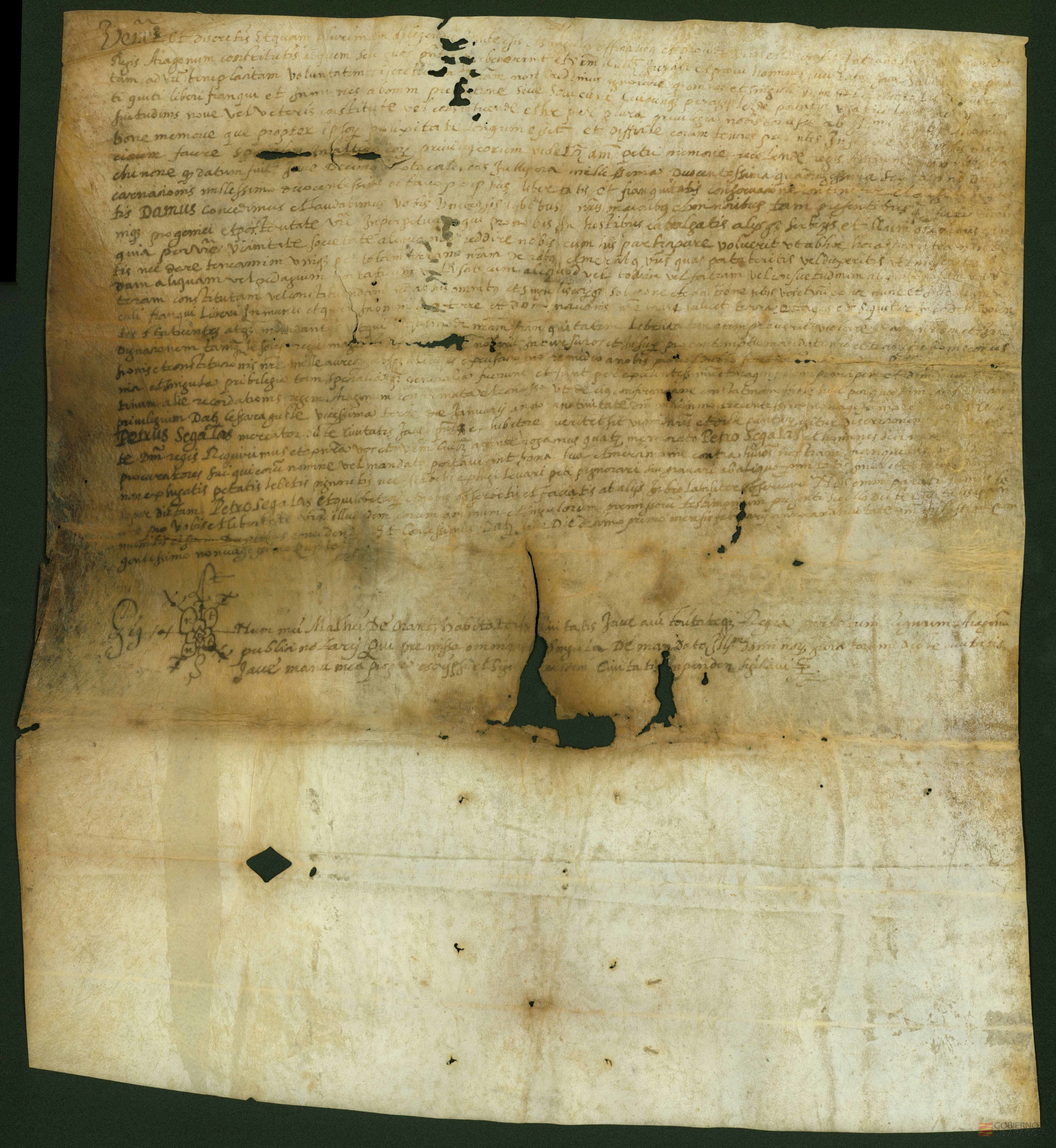 Pedro Segalas, mercader de Jaca, hace testimonio notarial de la franquicia de las lezdas y peajes que Pedro II y Pedro IV concedieron a la ciudad de Jaca