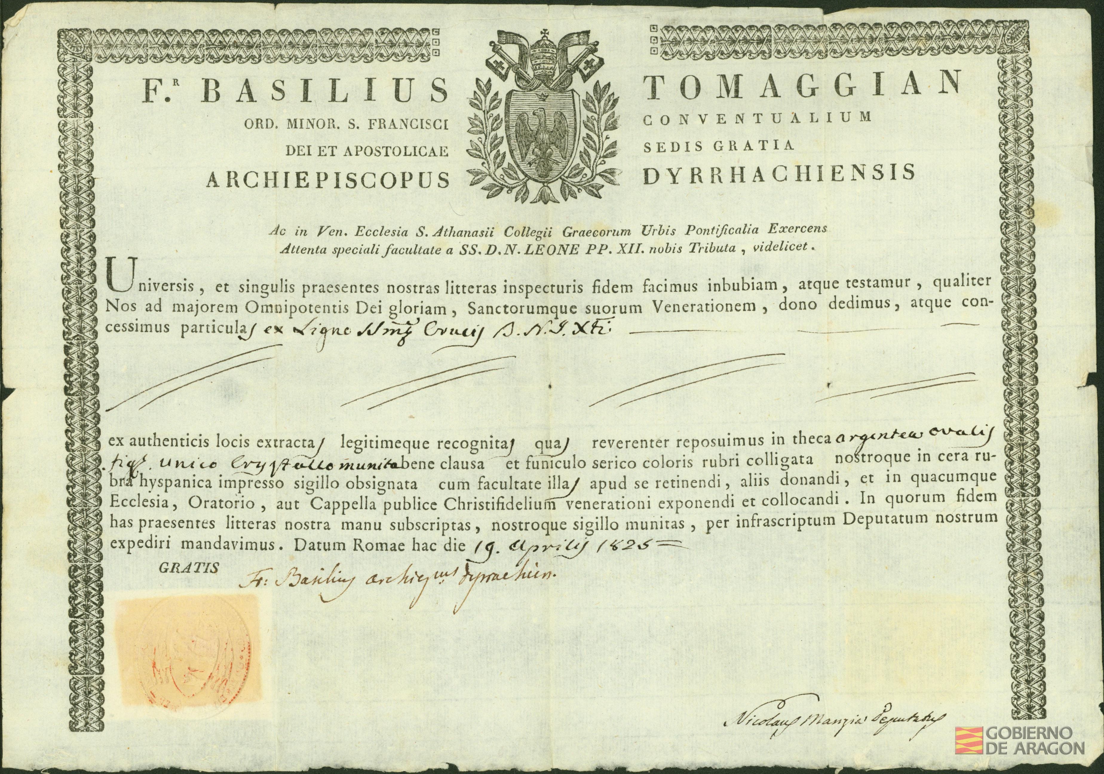 Acreditación de autenticidad de la reliquia, un fragmento de Lignum Crucis, para ser expuesta en su caja de plata con cristal, emitida por el franciscano fray Basilio Tomaggian, arzobispo de Dirraquio. Roma