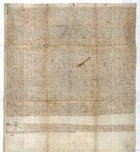 Sentencia arbitral entre Ferrando de Aragón, prior de Cataluña, comendador de la encomienda de la orden de San Juan en Novillas, y los jurados y concejo de Tauste, sobre el límite entre dichos términos y la colocación de "mugas".