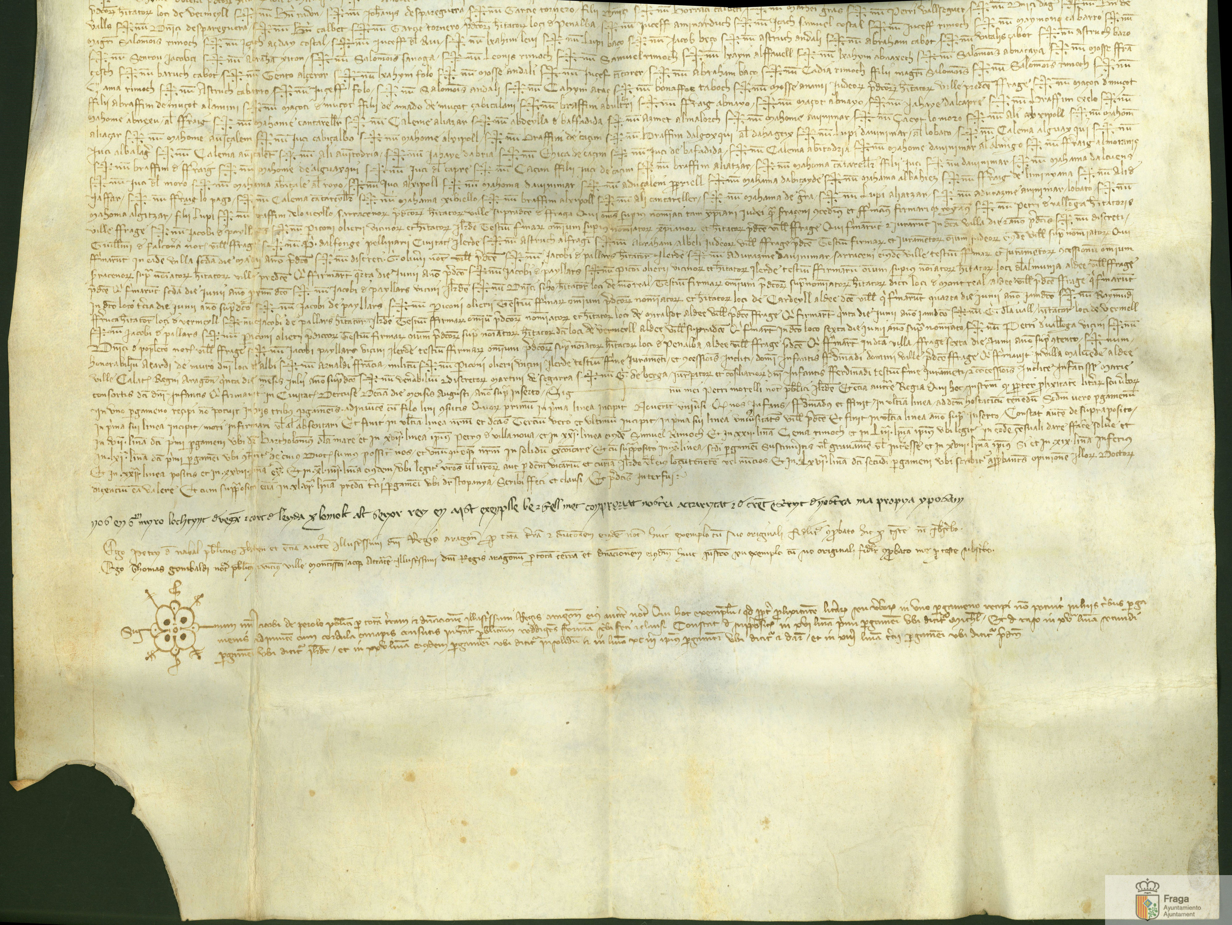 Acto del infante Fernando, su mujer María y el concejo de Fraga relativo a tres censales que sumaban 1.000 sueldos de renta anual que se contrajeron con Pedro Arduí, boticario de Lérida, y que ahora reclamaba su hijo Pedro.
