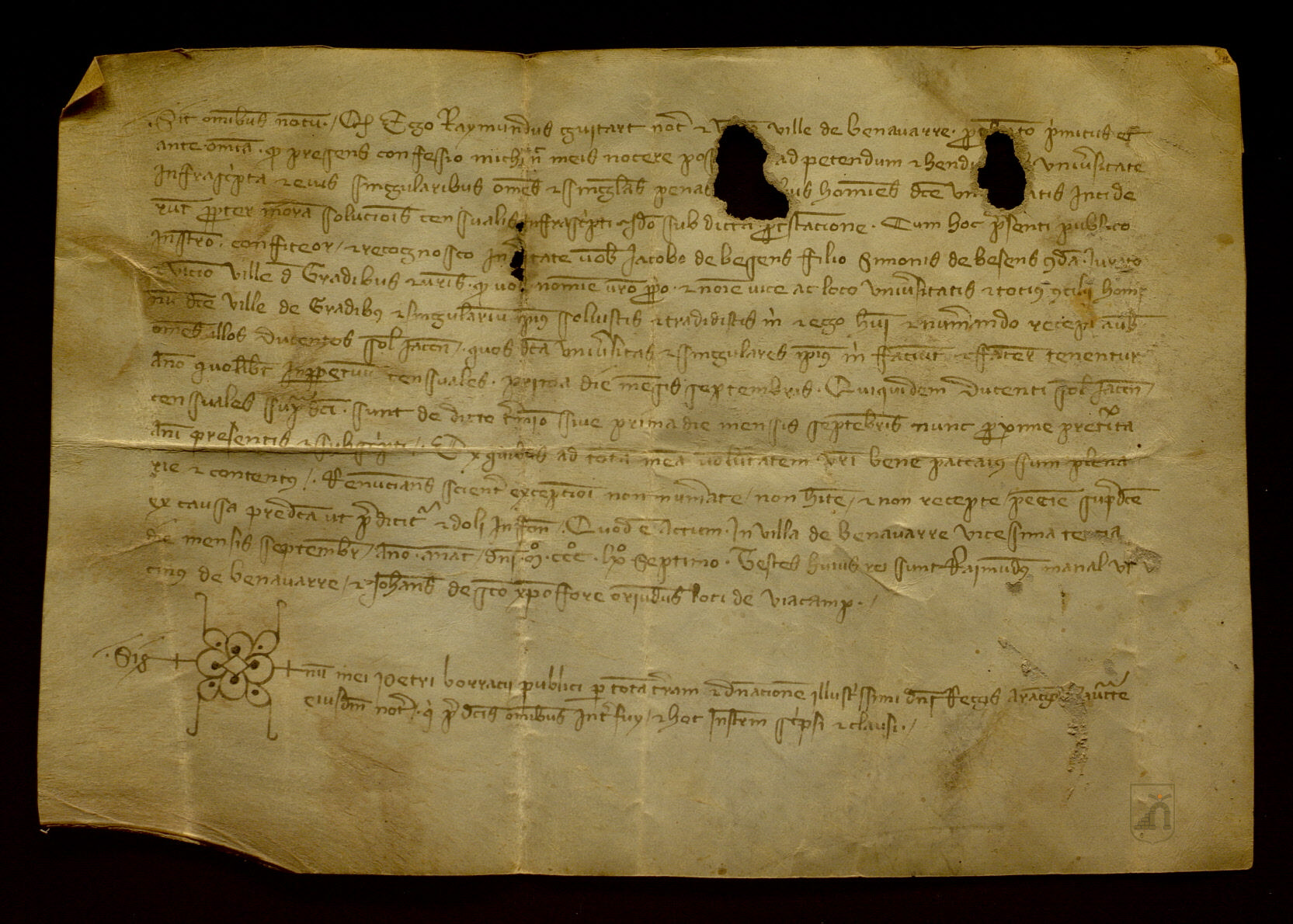 Ramón Guitart, notario de Benabarre, reconoce recibir de Jaime de Besiáns, jurado de Graus, los 200 sueldos jaqueses que la villa le pagaba anualmente por un censal