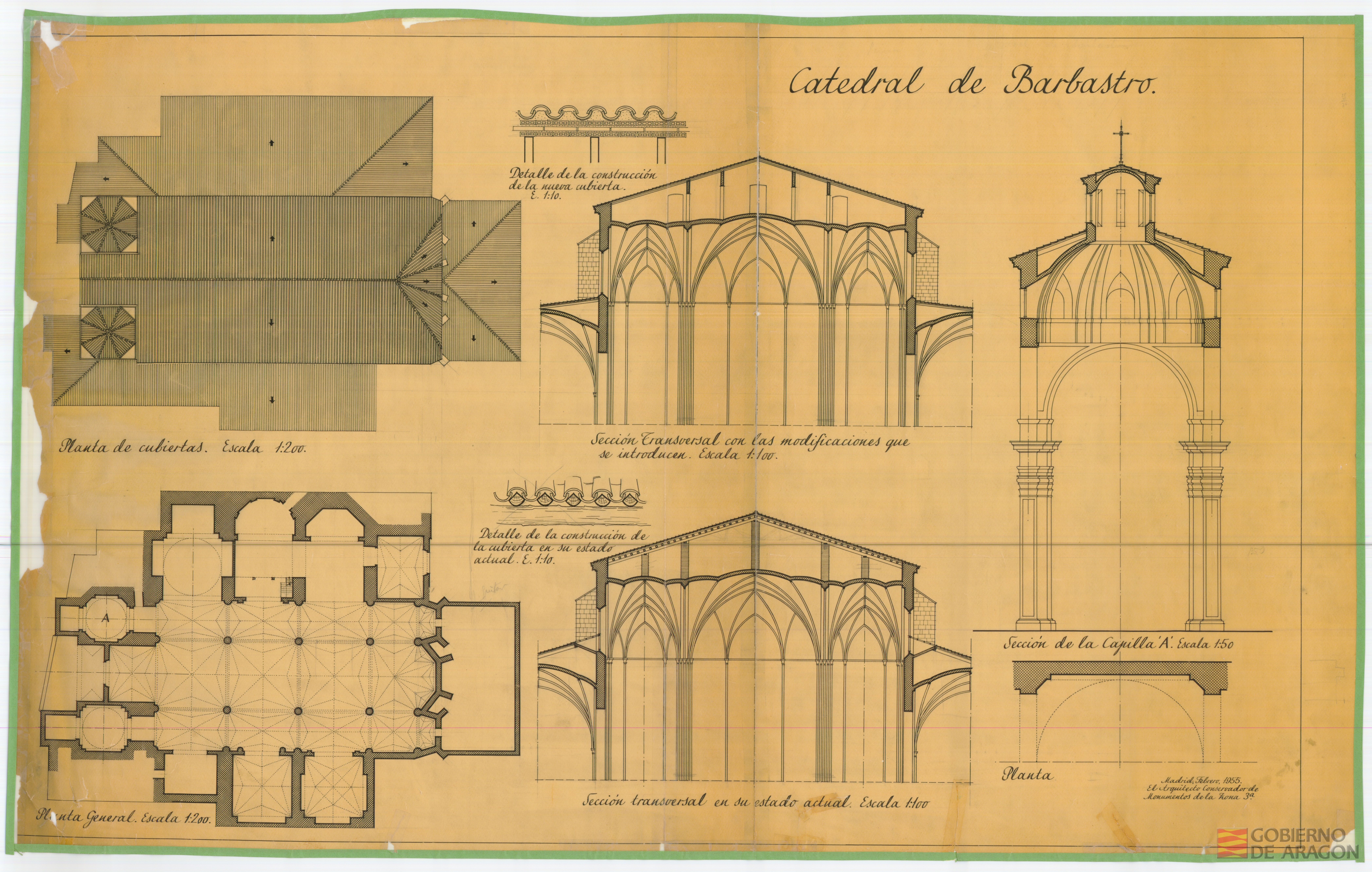 Catedral de Barbastro. Planta general. Planta de cubiertas. Capilla A. Barbastro