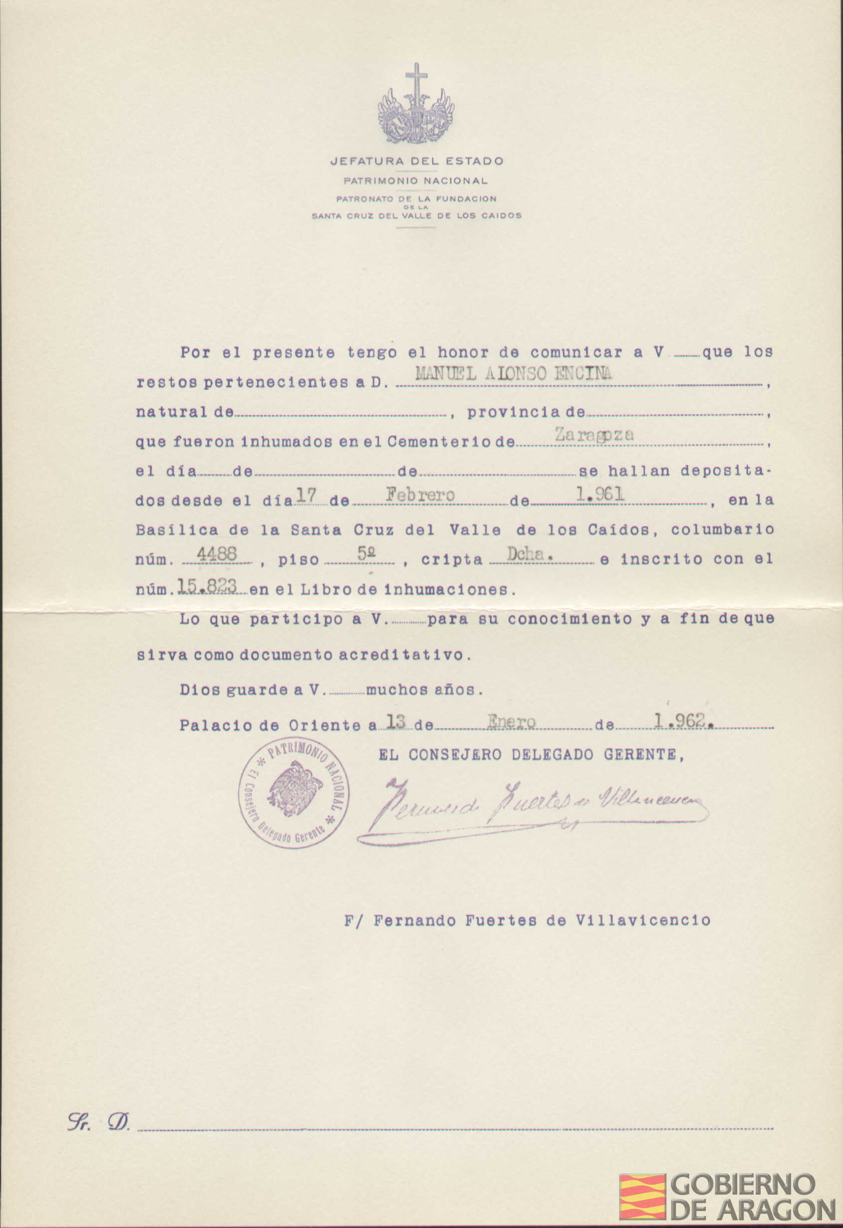 Traslado al Valle de los Caídos de los restos mortales de Manuel Alonso Encina el día 17 de febrero de 1961