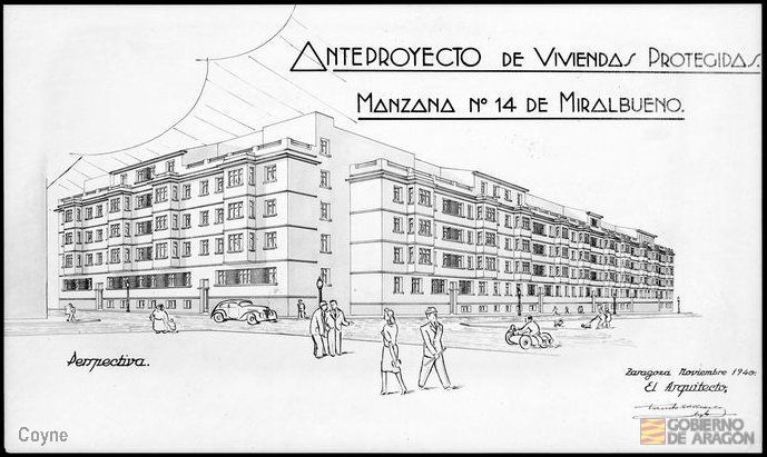 Dibujo del alzado para el anteproyecto de viviendas protegidas de Miralbueno firmado por el arquitecto Fausto García Marco.