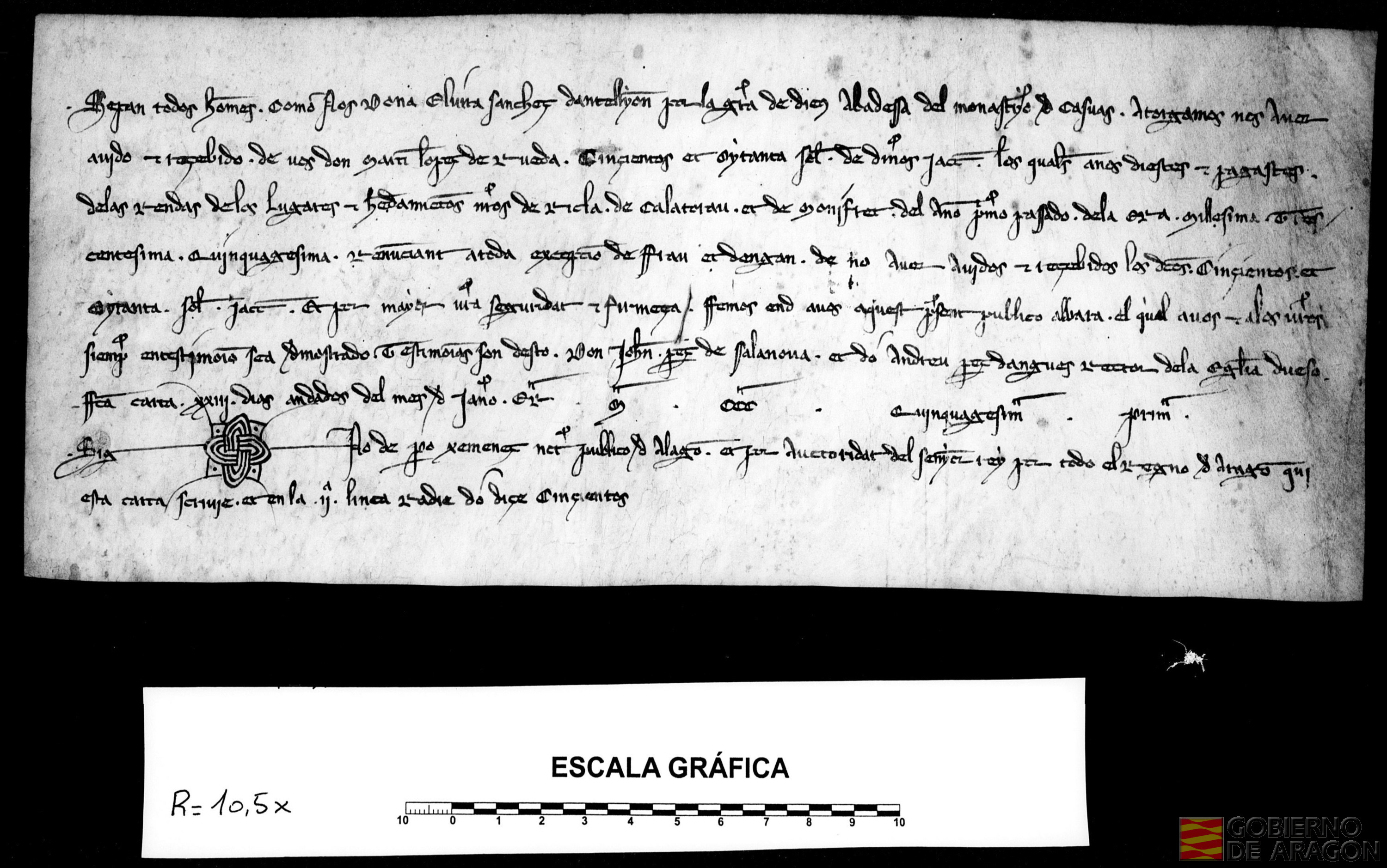 Elvira Sánchez de Antillón, abadesa de Casbas, reconoce recibir 580 sueldos de Martín López de Rueda por las rentas de las posesiones del monasterio en Ricla, Calatorao y Monifret