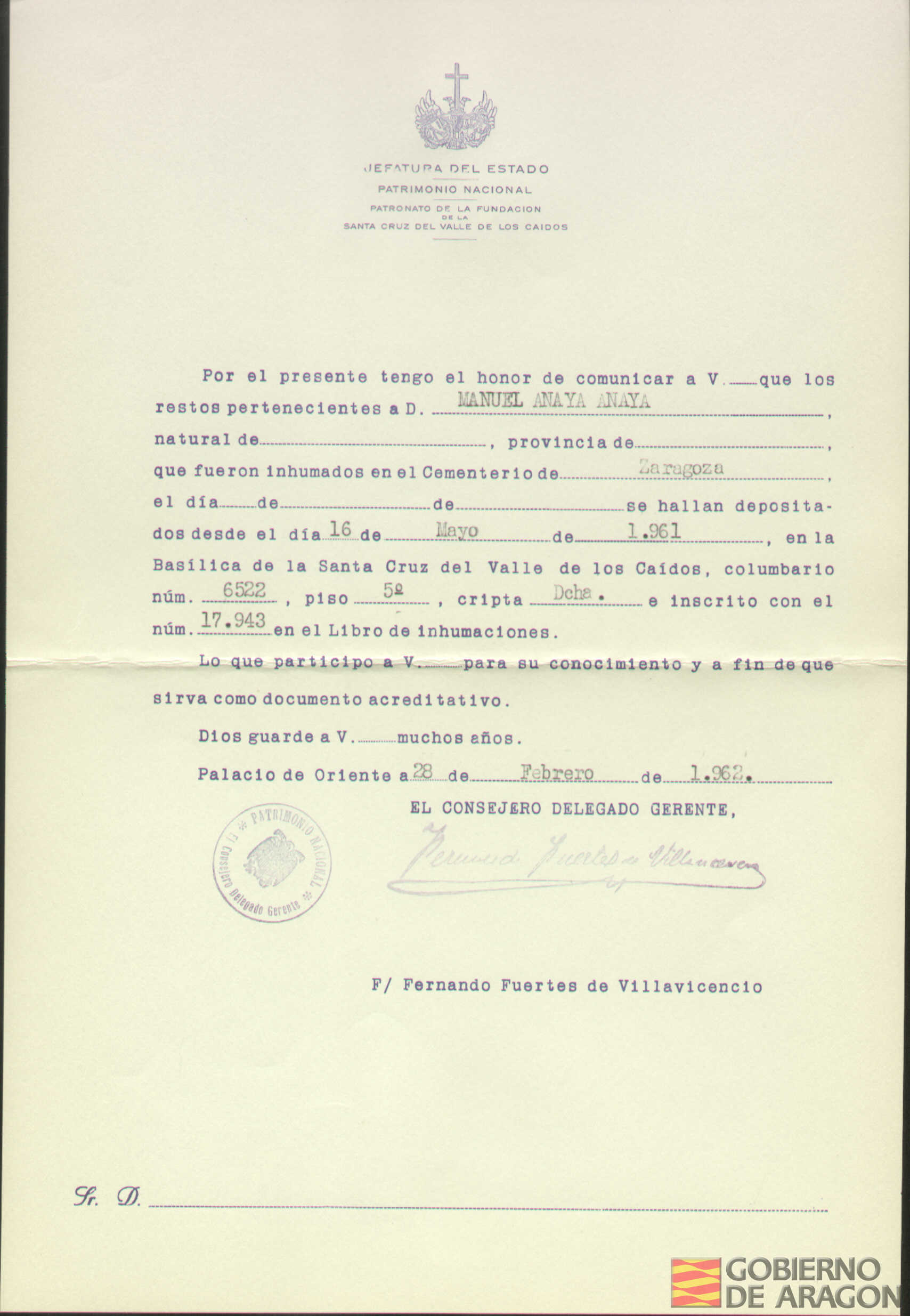 Traslado al Valle de los Caídos de los restos mortales de Manuel Anaya Anaya el día 16 de mayo de 1961