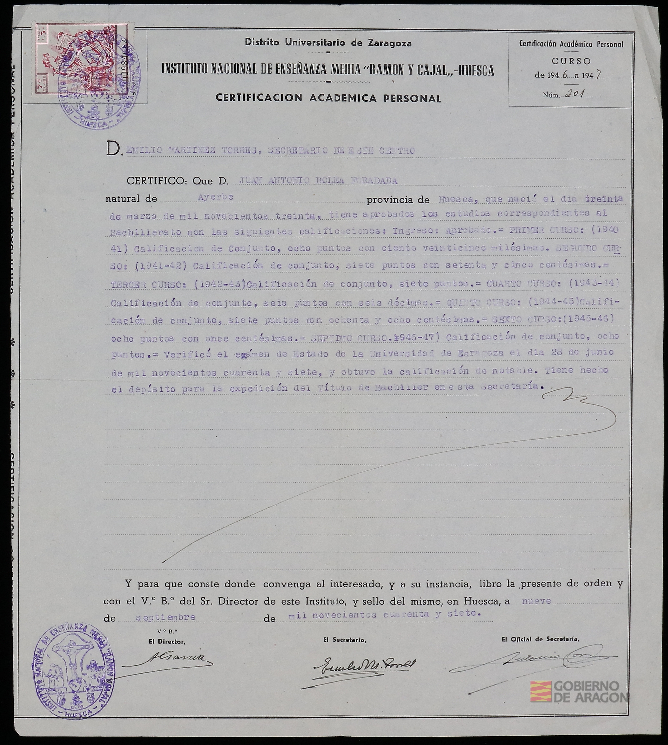Certificación Académica Personal correspondiente a D. Juan Antonio Bolea Foradada. Instituto Nacional de Enseñanza Media "Ramón y Cajal" de Huesca