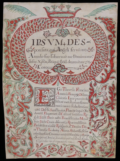 Carta de profesión de Teresa Francisca Antonia Bonet y Olivan, de la ciudad de Jaca, en el monasterio de Santa Cruz de Jaca