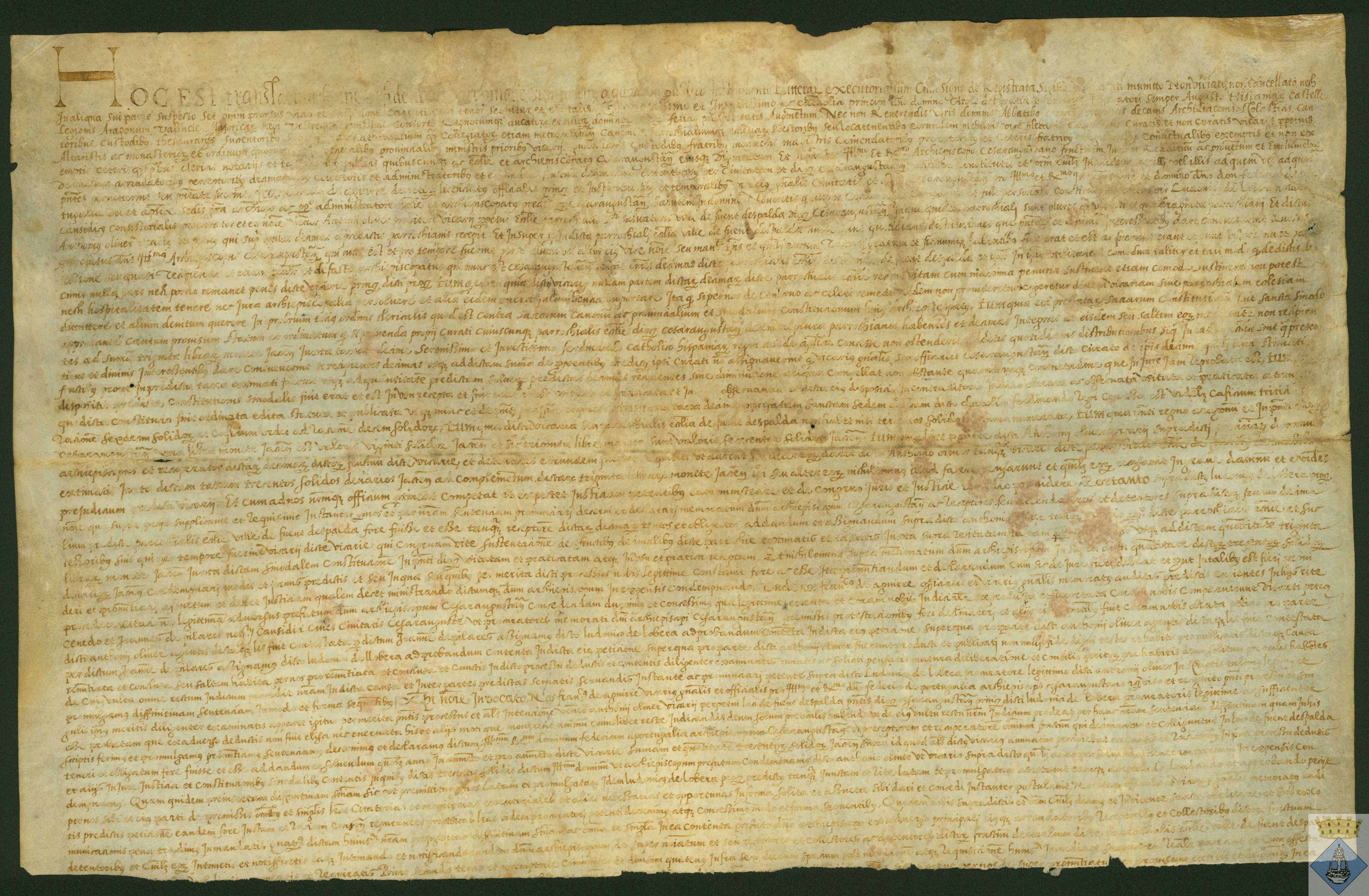 Traslado notarial hecho en Barcelona de la sentencia (carta ejecutoria) por la cual el Concejo de Fuentespalda habrá de pagar a Antonio Oliver, vicario perpetuo de la Iglesia del Salvador de dicho lugar, 300 sueldos jaqueses anuales por las "décimas"