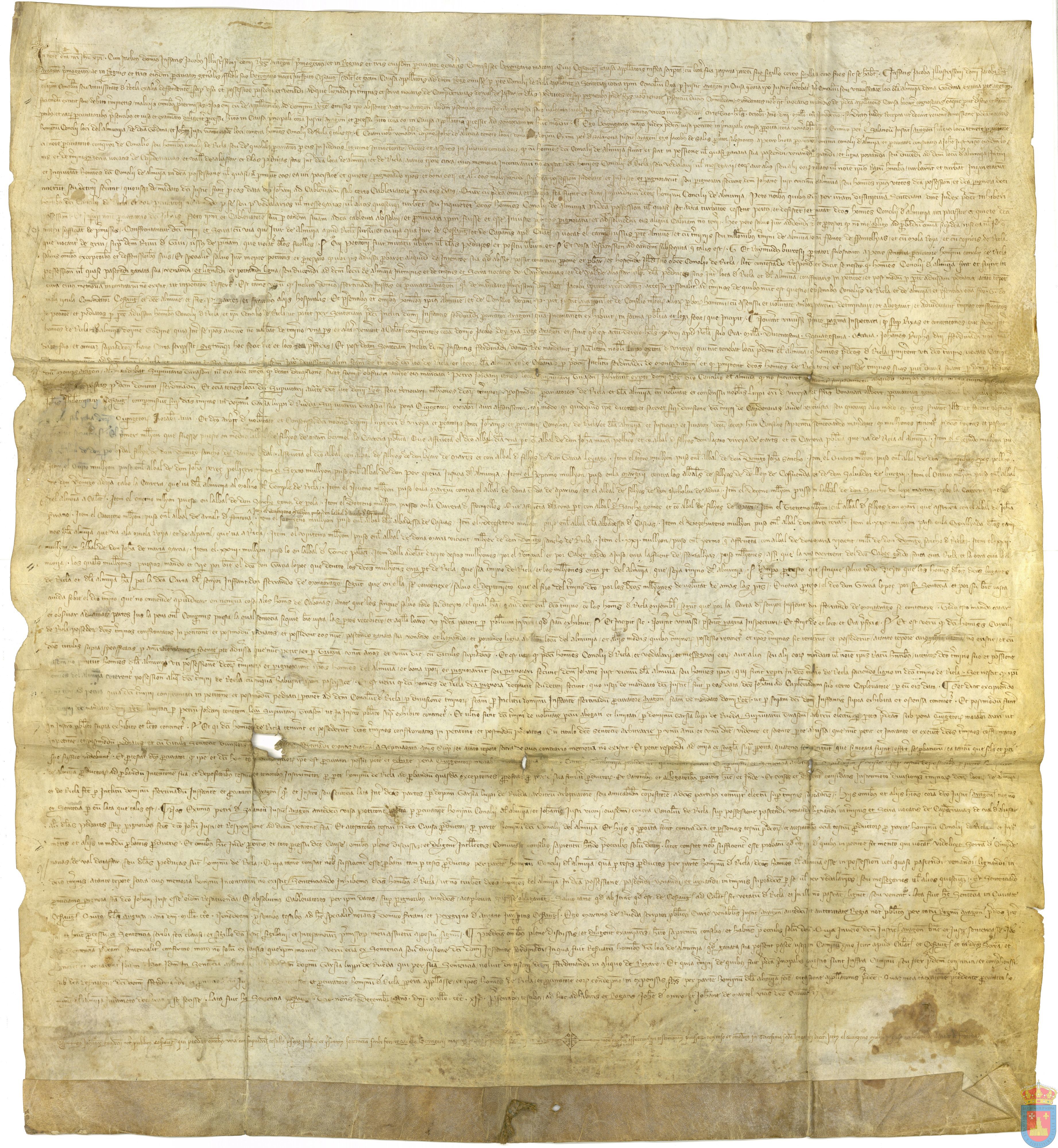 Sentencia dada por Berenguer Mazón, jurisconsulto, delegado por el Infante D. Jaime, Gobernador General del reino de Aragón, primogénito del Rey Jaime I, sobre los derechos de La Almunia en los términos de Ricla llamados Campdenavas y Val de Jaffar