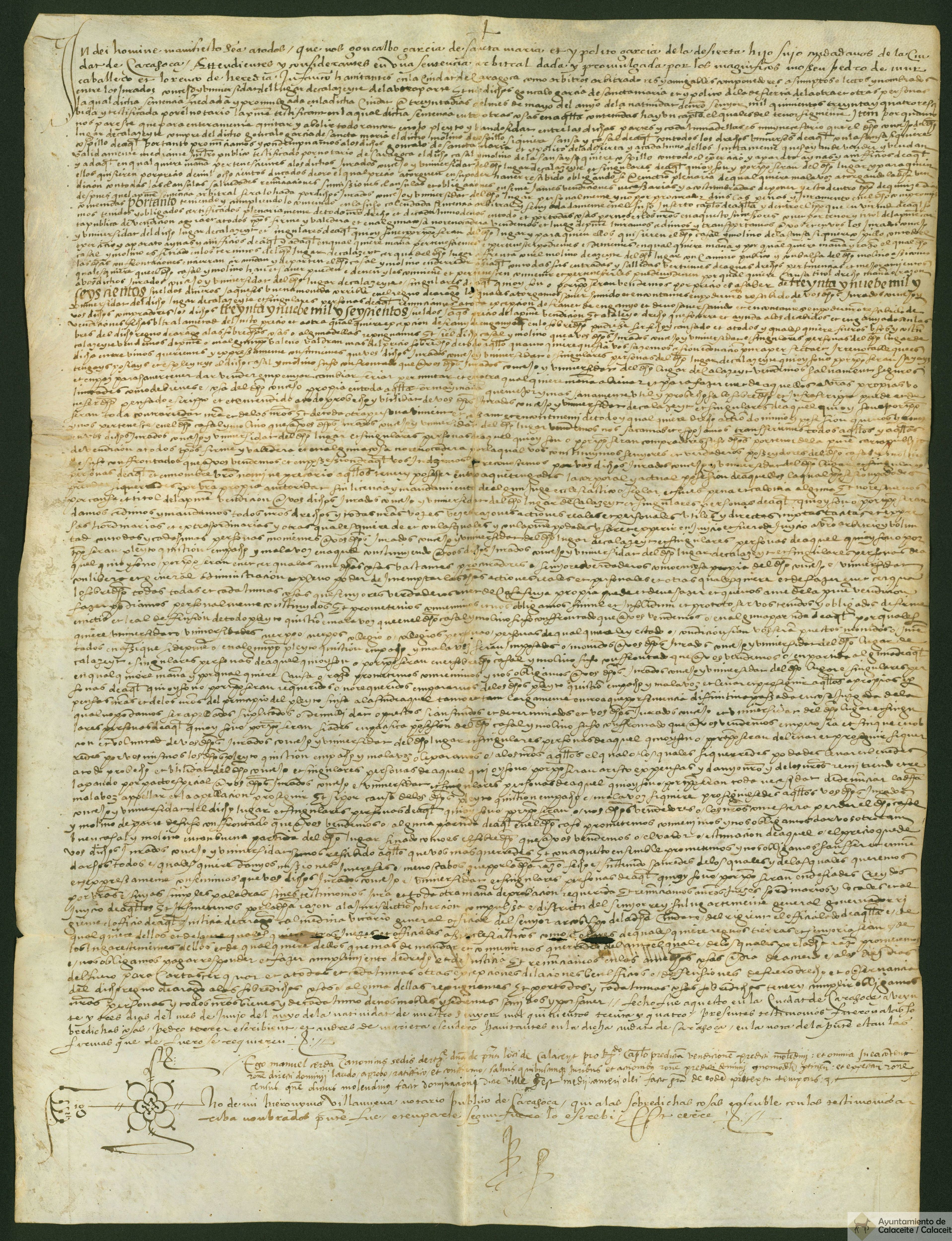 Venta de un casal y molino de la sansa del lugar de Calaceite, otorgada por Gonzalo García de Santamaría e Hipólito García de la Sierra, ciudadanos de Zaragoza, a favor de los jurados, Concejo y universidad de Calaceite por precio de 39.600 sueldos jaqueses