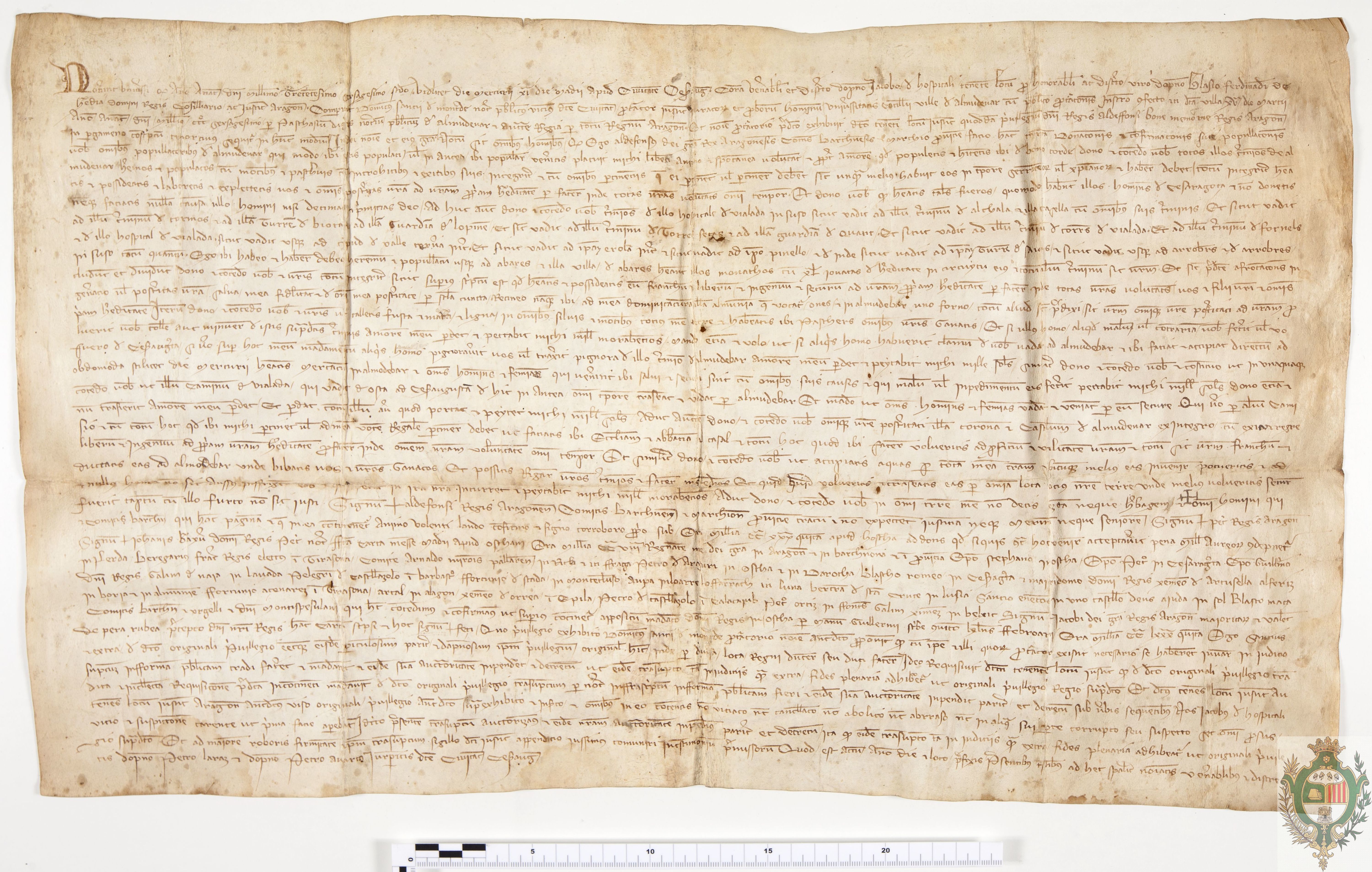 Alfonso II, rey de Aragón, concede carta de población a los habitantes de Almudévar, en la que se delimitan los términos, se conceden los fueros de Zaragoza y se otorgan varios privilegios y franquicias.