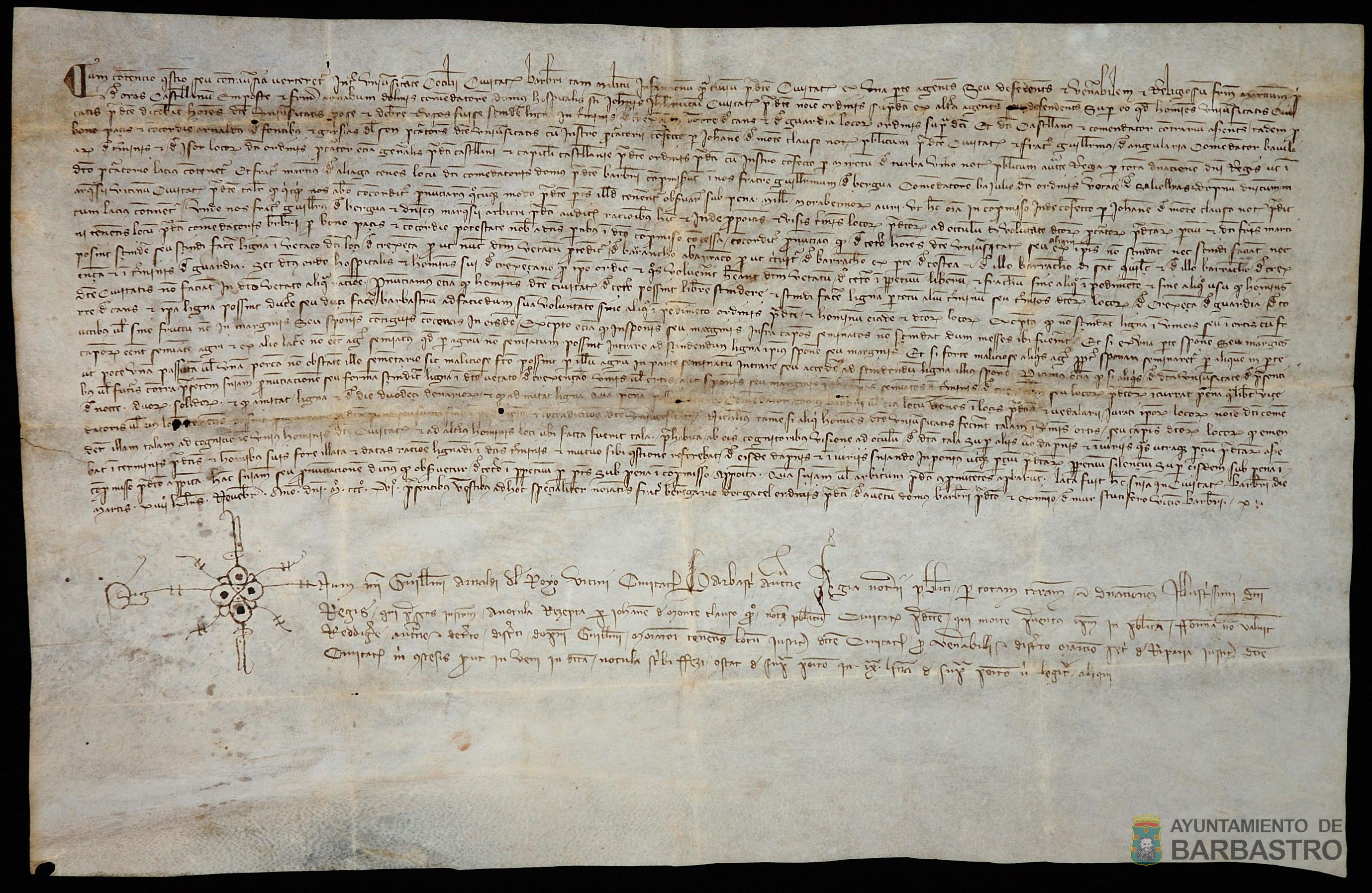 Sentencia arbitral dada entre la ciudad de Barbastro y la Orden del Hospital de San Juan de Jerusalén sobre la posibilidad leñar en los terminos de Crexenzan, Guardia y Torre de Cans pertenecientes a dicha Orden.