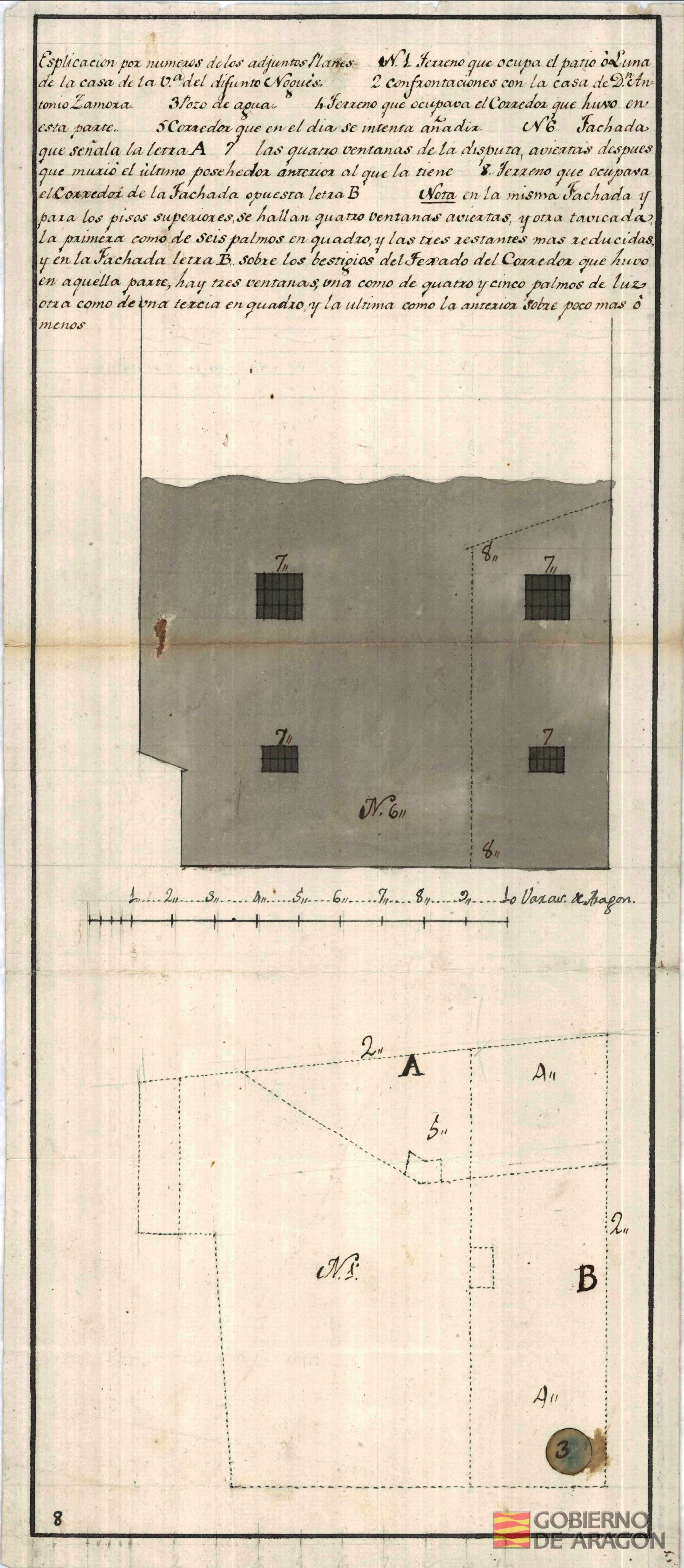 Plano de la casa de Doña Agustina Secall, viuda de Nogués, que confronta con la de Don Antonio Zamora, Abogado de los Reales Consejos, en la calle de San Pedro