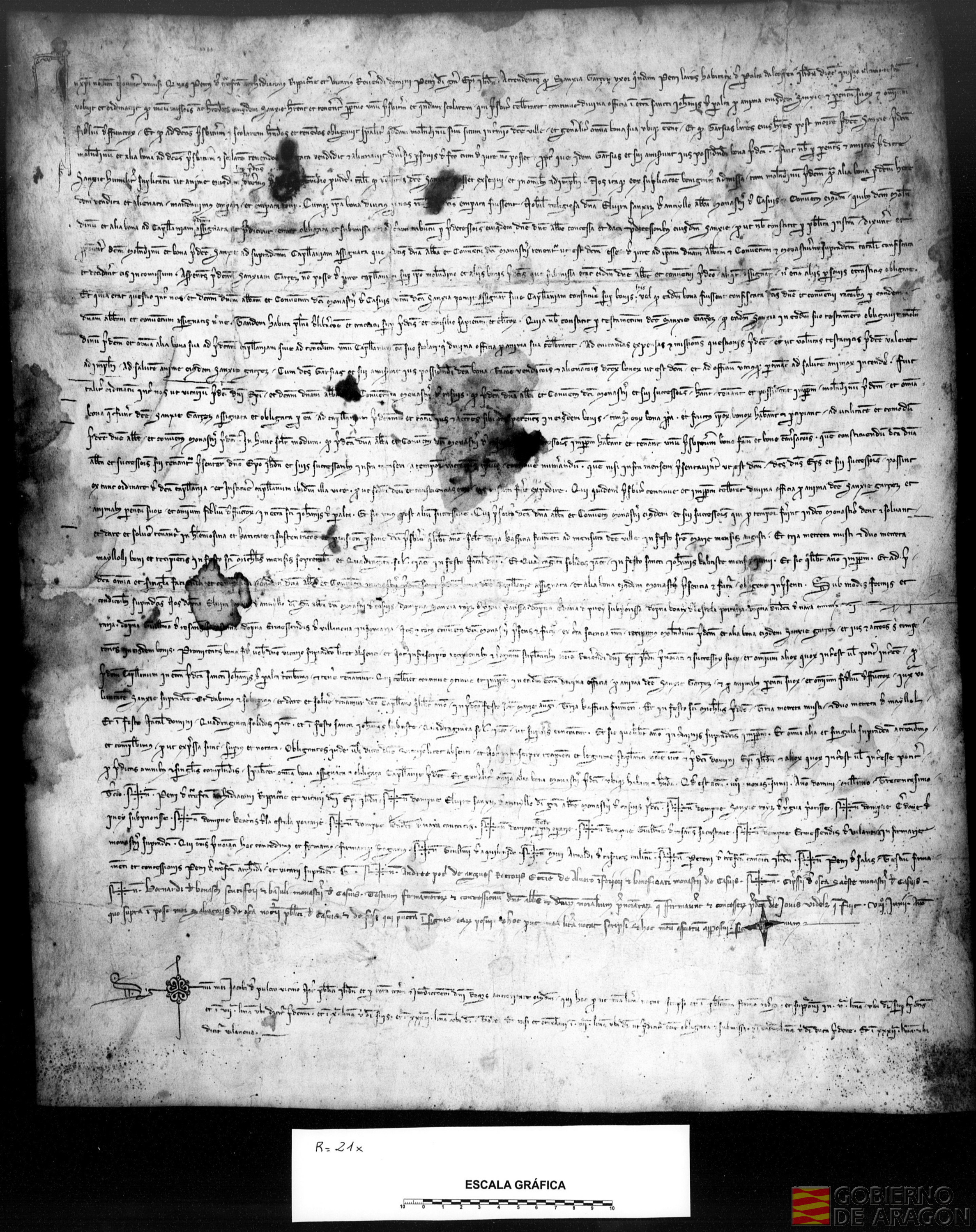 Pere de Treserra, arcediano de Ribagorza y vicario del obispo de Lérida, atendido que Sancha Garcés, vecina de Peralta de Alcofea, ordenó en su testamento una capellanía en la iglesia de San Juan de dicho pueblo, y asignó un molino para financiarla, pero el heredero de Sancha lo había enajenado, determina que el convento de Casbas se quede con el molino y se encargue de mantener la capellanía. Elvira Sánchez de Antillón, abadesa, recibe el molino y se compromete a cumplir la sentencia