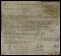 Francisco Muñoz de Pamplona, escudero hijo de micer Francisco Muñoz de Pamplona, doctor en leyes y vecino de Calatayud, vende a su hermano Agustín su mitad de un huerto en la puerta de "Samayas", por precio de 1.200 sueldos jaqueses