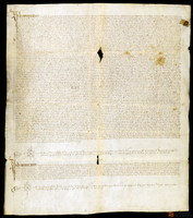 Carta de venta de un censo anual de 108 sueldos, 4 dineros, otorgada por Sancho Sánchez y Álvaro Fernández, vecinos de Saldón, en favor de Juan Sánchez de Santamaría