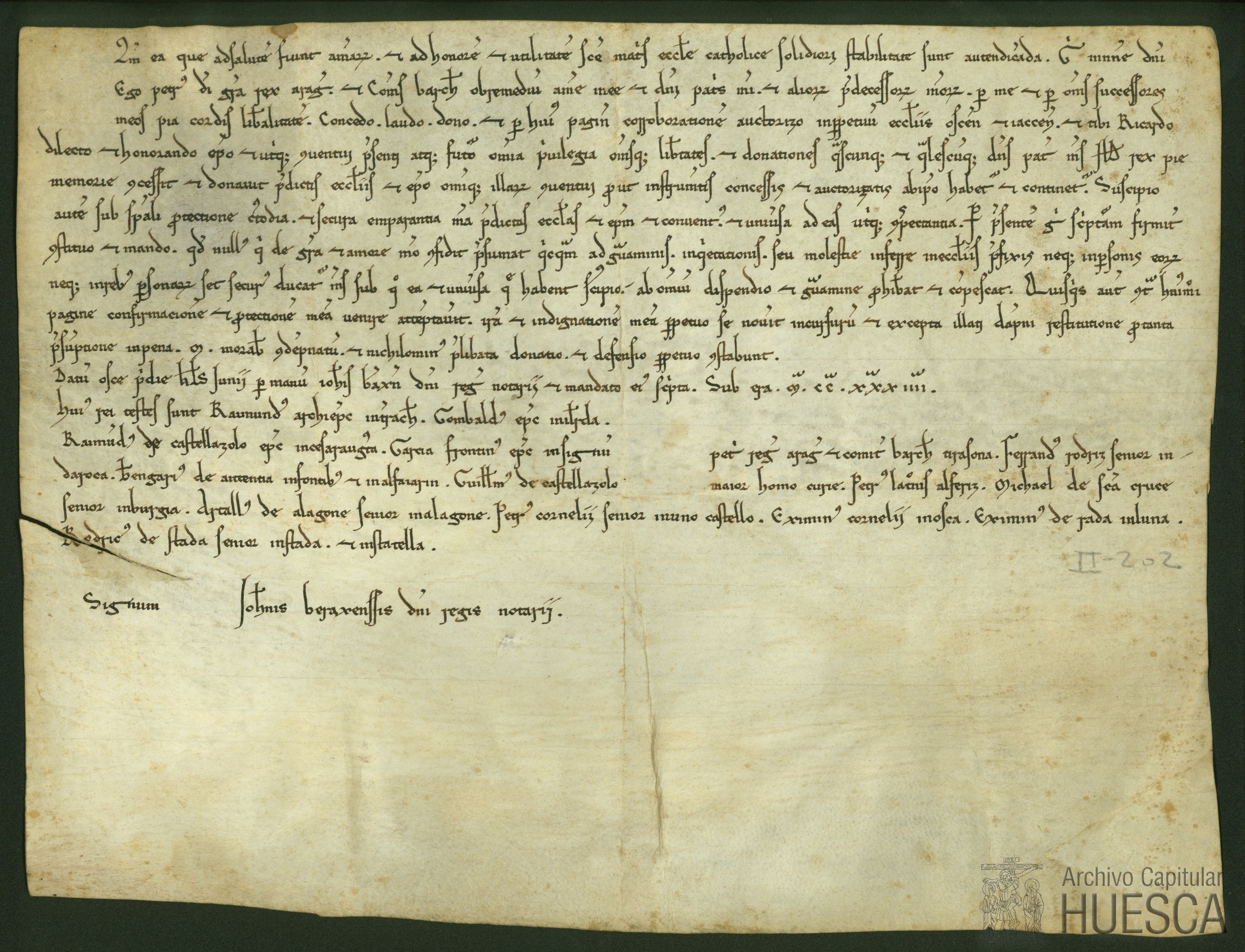 Pedro II, rey de Aragón, al confirmar sus privilegios, toma bajo su protección las iglesias de Huesca y Jaca y el obispo Ricardo