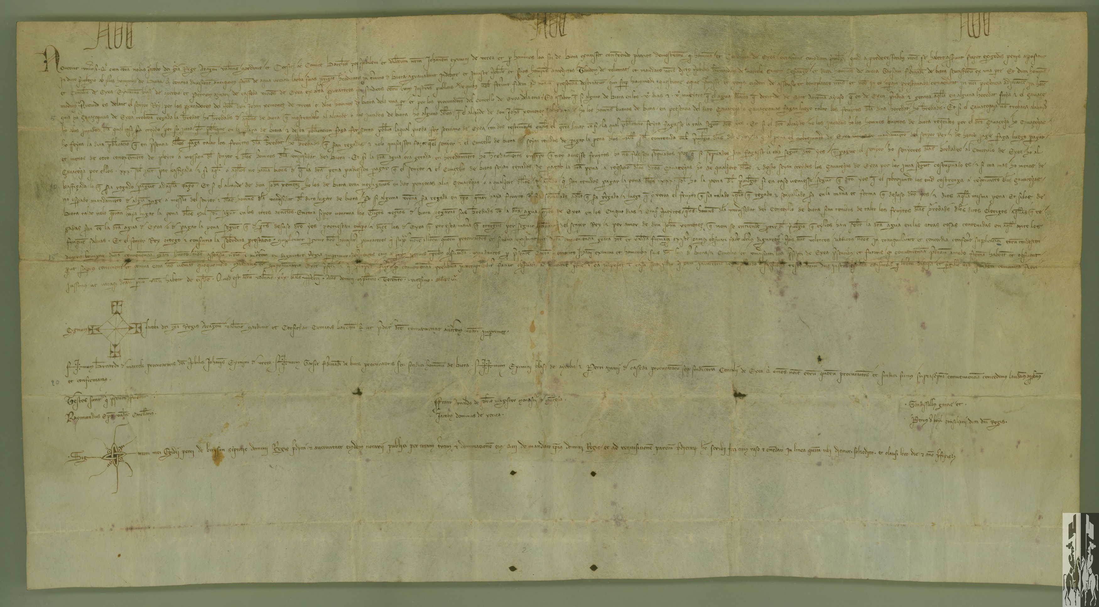 Jaime II, a petición de Jimeno de Urrea y del concejo de Biota, supervisa una concordia entre estos y el concejo de Ejea sobre la observación de los derechos de los ejeanos sobre el agua del Arba. El concejo de Ejea acepta la concordia, pero no renuncia al cumplimiento de todos los términos de su privilegio