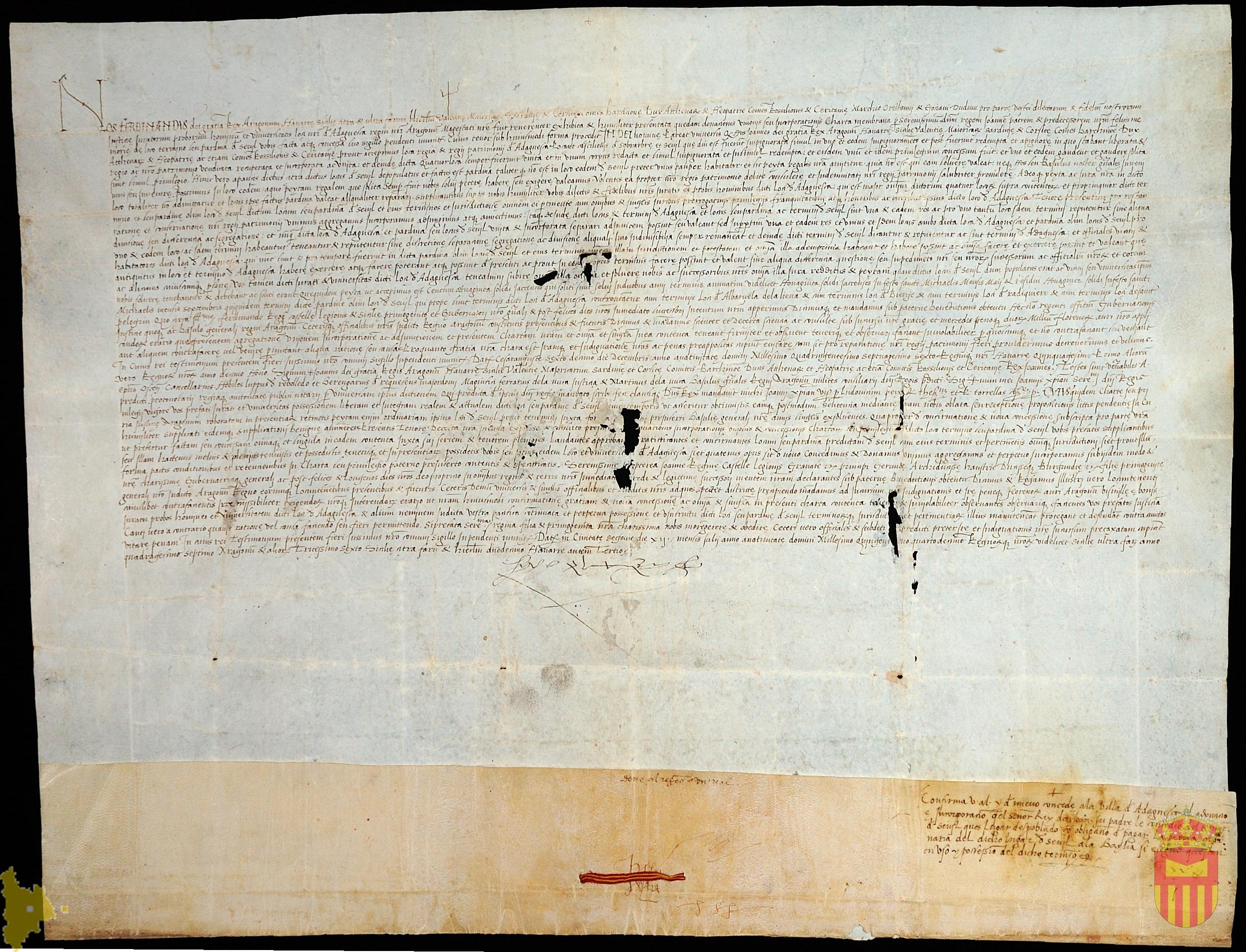 Copia del privilegio real por el que Don Juan II dona a Adahuesca en el lugar de Sevil, despoblado entonces, con la condición de que paguen la peita correspondiente