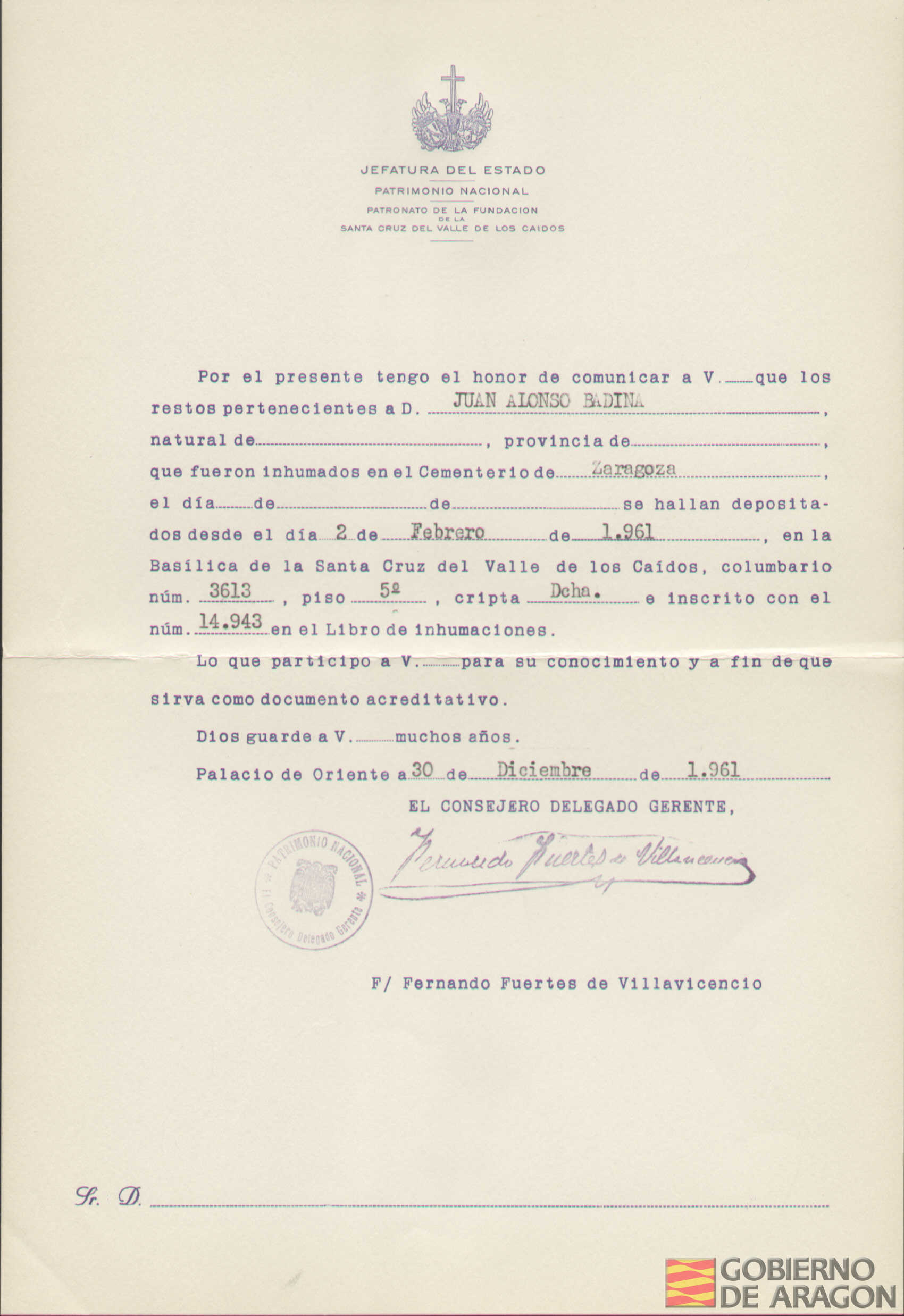 Traslado al Valle de los Caídos de los restos mortales de Juan Alonso Badina el día 2 de febrero de 1961