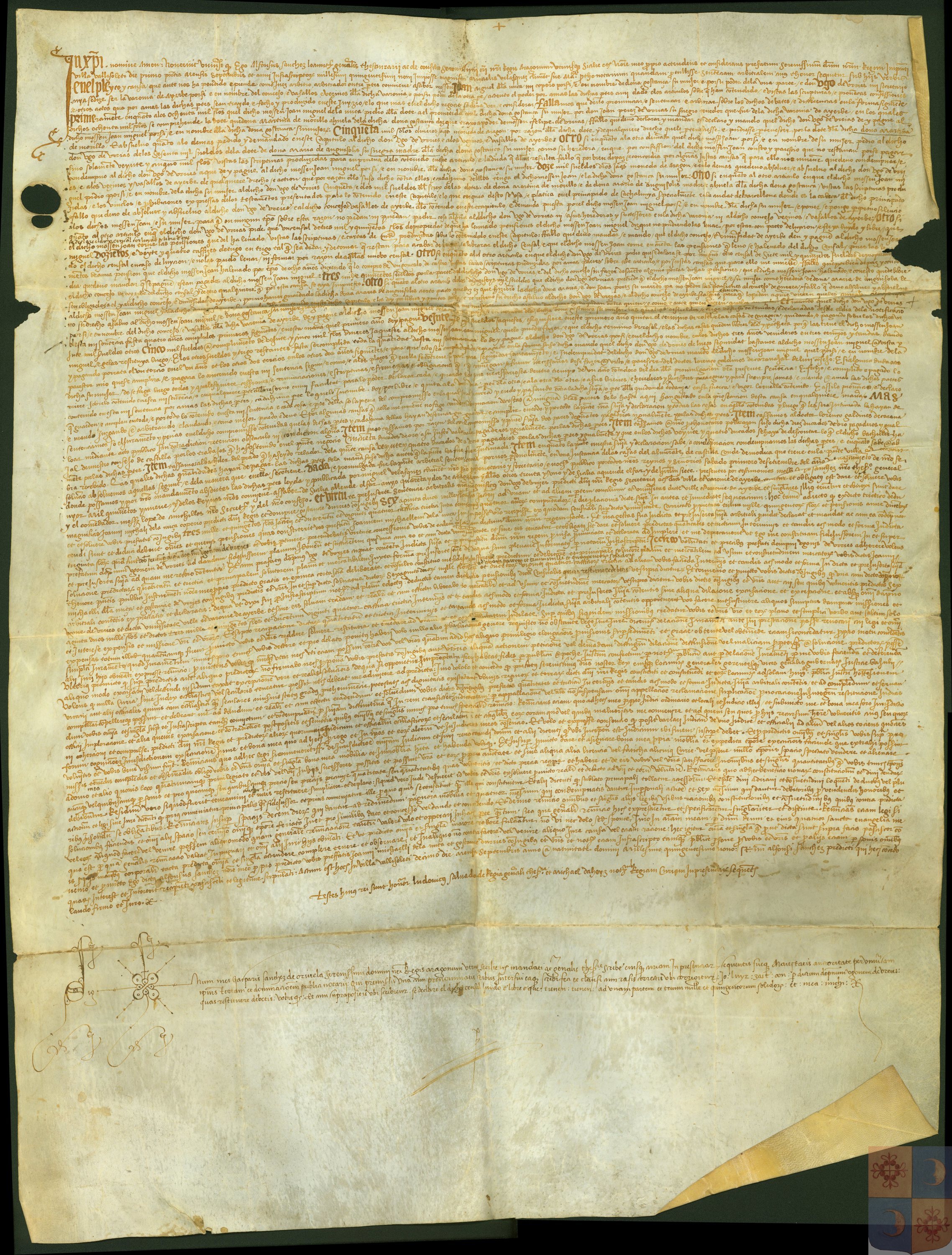 Copia autorizada de la sentencia arbitral dada en 1509 entre Juan Miguel de Lanuza, copero del rey de Aragón, y su esposa, Constanza de Urriés, de una parte, y Hugo de Urriés, secretario real, señor de Ayerbe, de otra, sobre la dote de Martina de Morillo, abuela de dicha Constanza, y la dote de María de Anglesola, madre de ésta