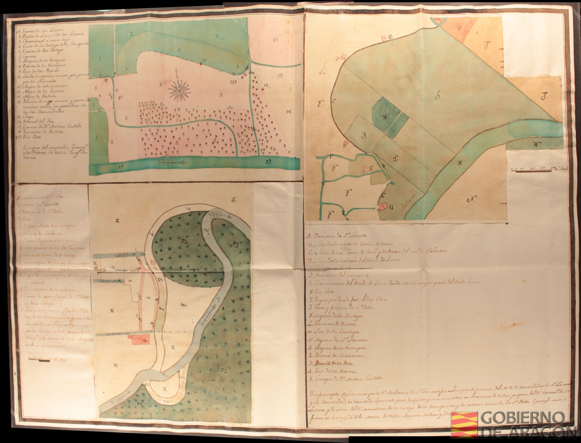 Tres planos de las posesiones del convento de San Lázaro, torre de San Pablo, y de la Cartuja de la Concepción en el término de Urdán. realizados por Gregorio Medina Deza, agrimensor por la Real Academia de San Luis.. Gregorio Medina Deza