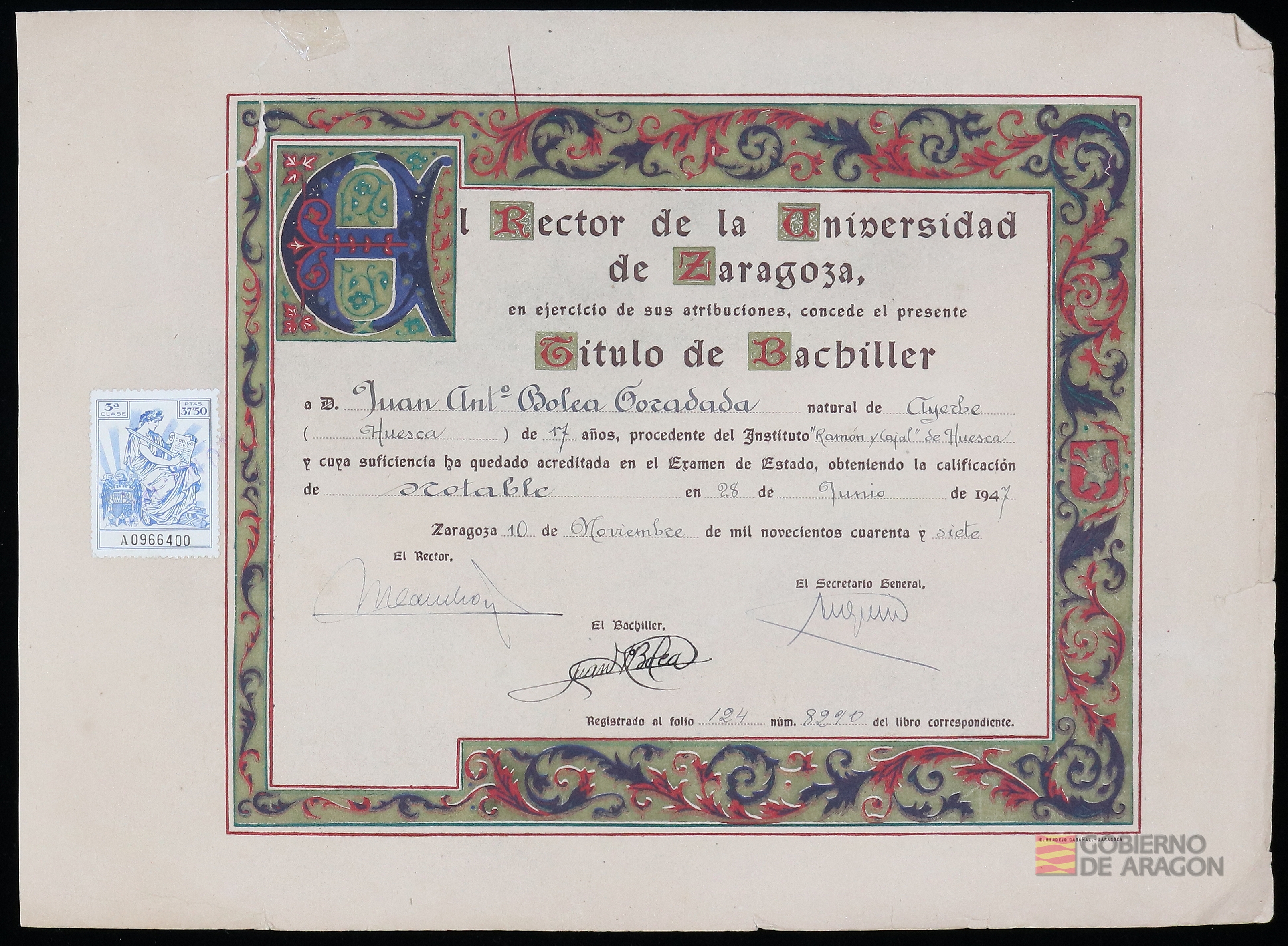 "Titulo de Bachiller de D. Juan Antonio Bolea Foradada". Universidad de Zaragoza