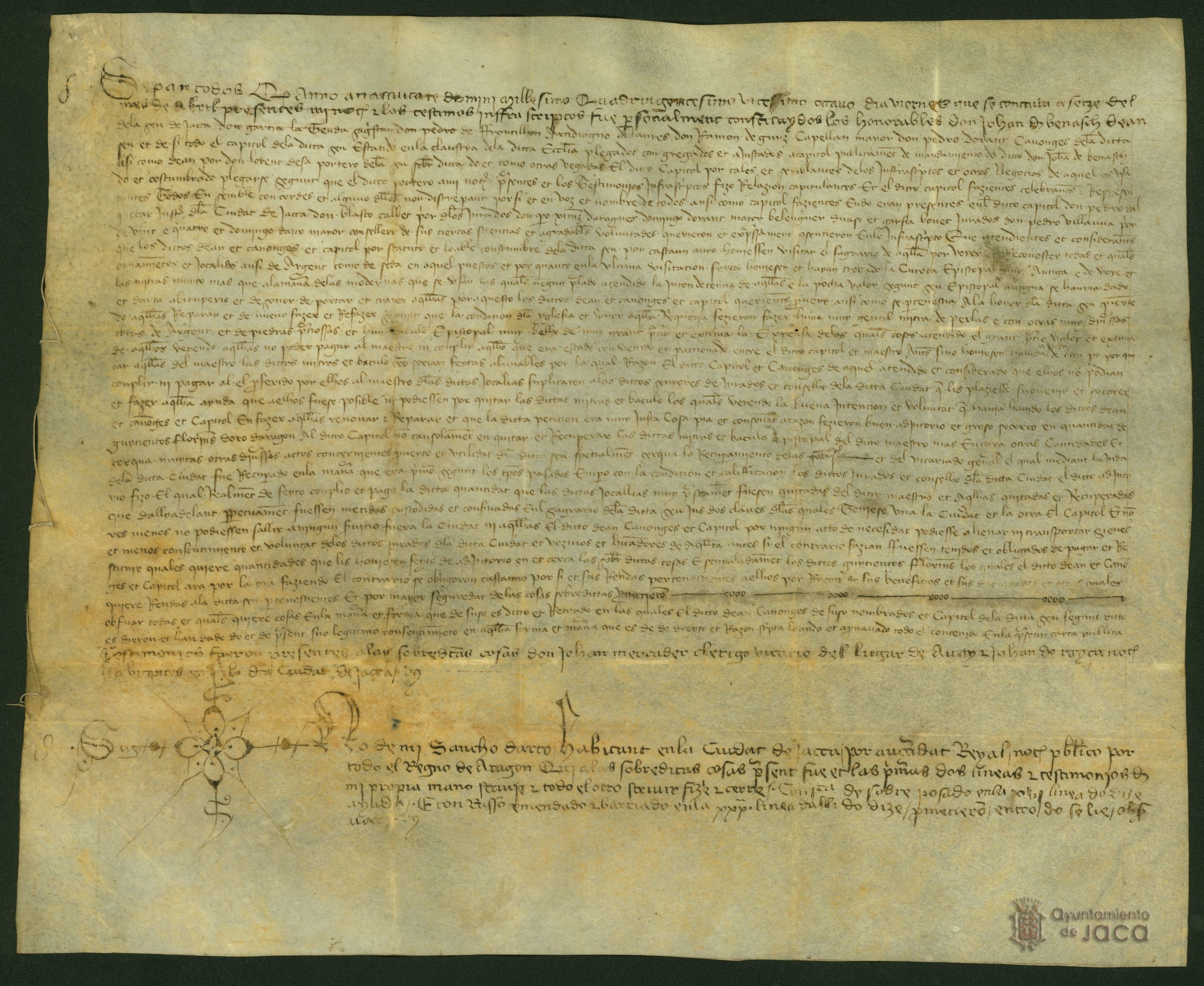 El Concejo de Jaca acuerda con el Capítulo de la Catedral de Jaca, darle 500 florines de oro para el pago de una mitra y un báculo, a cambio de que el Concejo tuviese una llave del sagrario donde se debían guardar