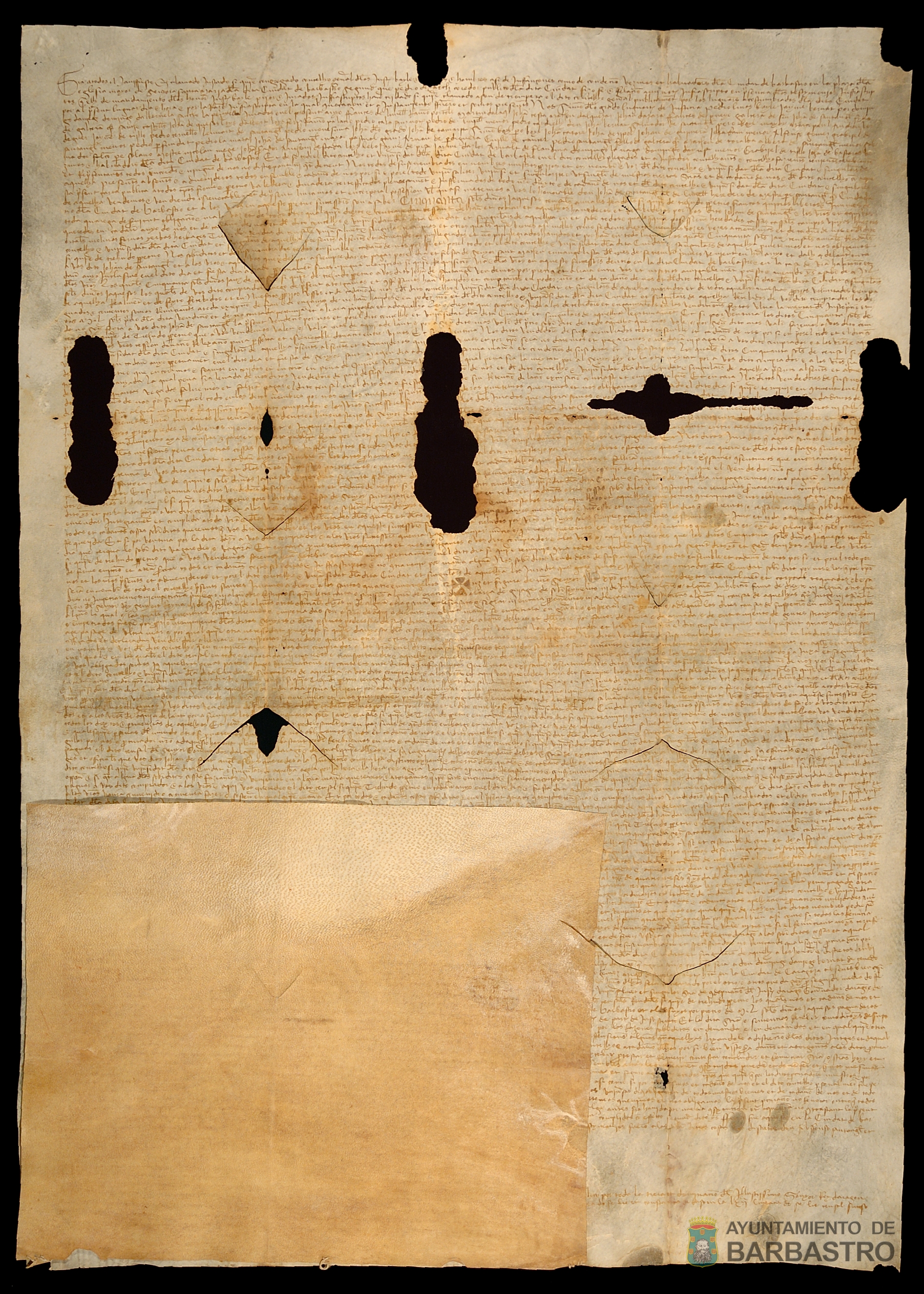 Censal vendido por el Concejo de Barbastro a Juan de Santangel, alias de Lunel, heredero del difunto mestre Pedro de Santangel, de 50 sueldos de pension anual pagadera el dia de San Mateo evangelista por precio o suerte principal de 1000 sueldos jaq.