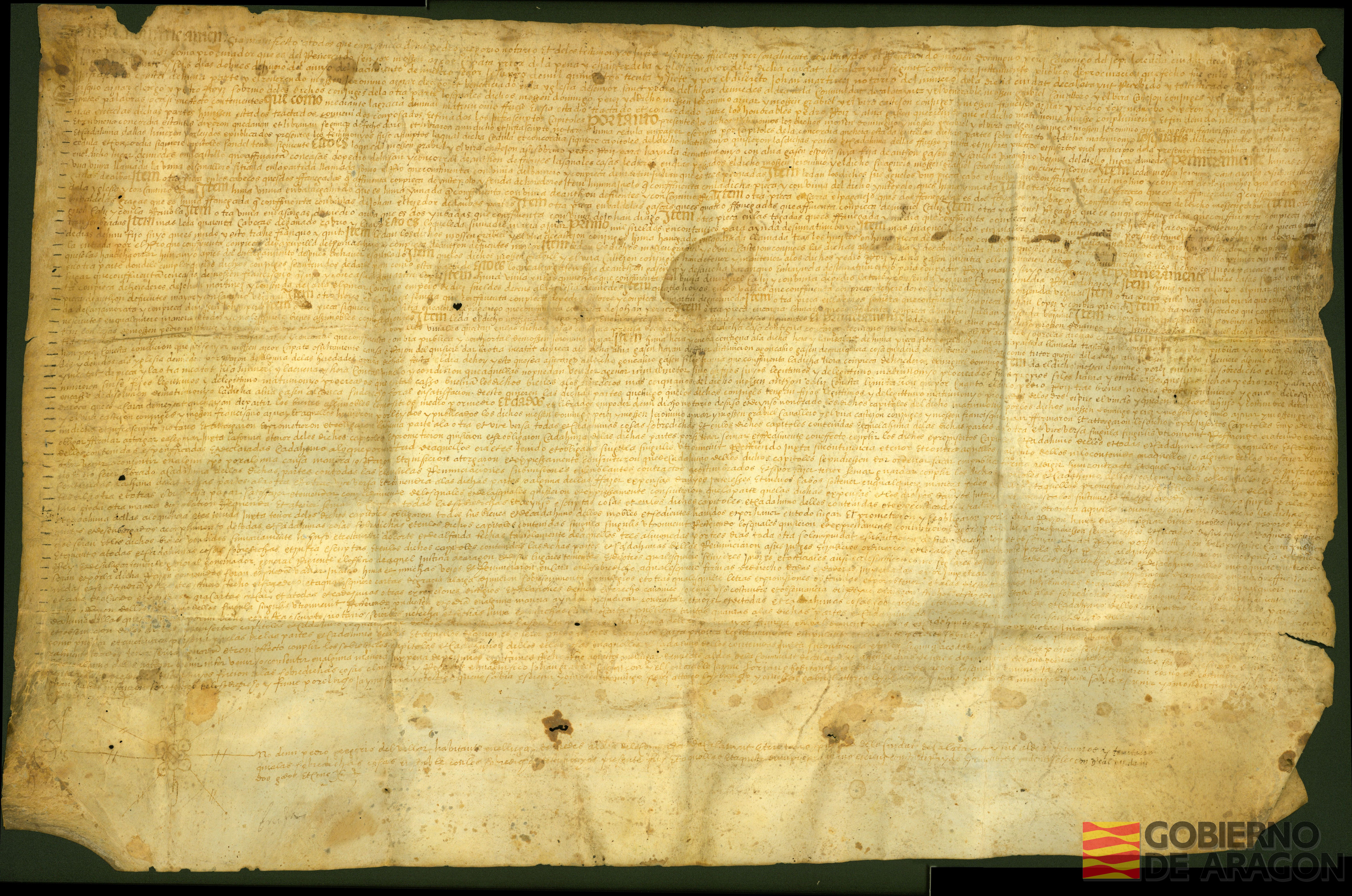 Acta notarial del acuerdo de reparto de bienes derivado de las capitulaciones matrimoniales entre Pedro Ruiz y Alva Gascon. Notario: Pedro Gregorio del Villar, habitante en Miedes.. Calatayud