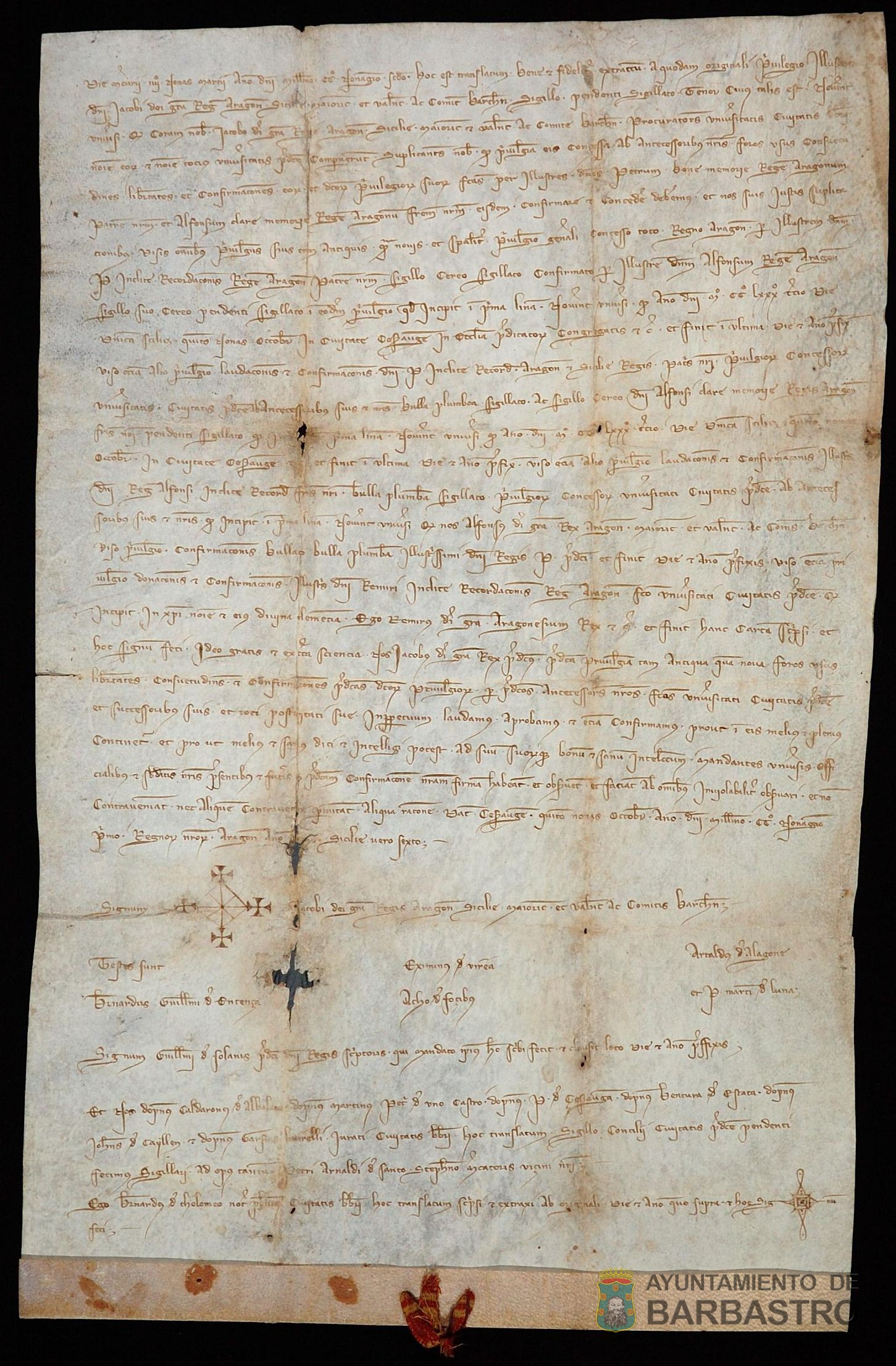 Jaime II de Aragón confirma los privilegios y fueros concedidos por sus antecesores a los habitantes de Barbastro con especial mención al Privilegio General otorgado por Pedro III en 1283