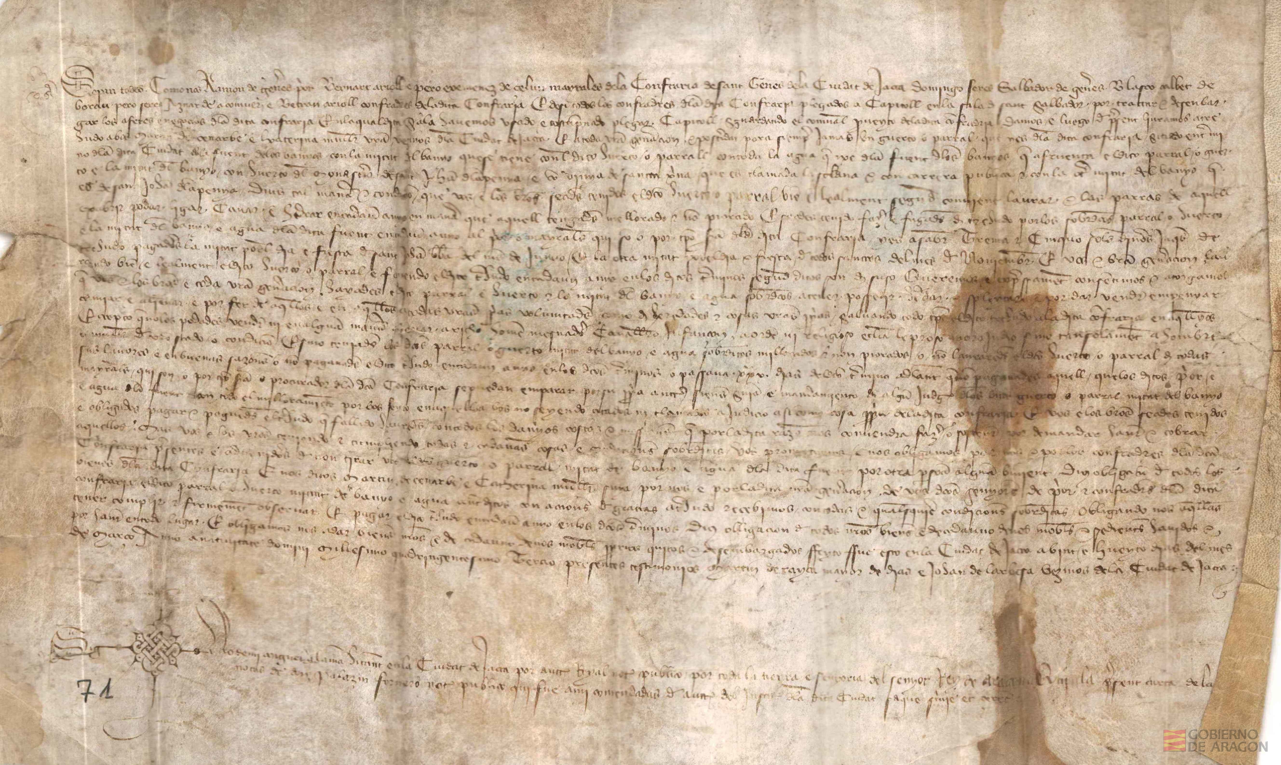 Los mayorales y cofrades de la cofradía de San Ginés,de Jaca,conceden a treudo a Martín de Cenarbe y a su mujer Catalina,vecinos de dicha ciudad,un huerto o parral,por 35 sueldos jaqueses pagaderos todos los años en la fiesta de San Juan Bautista