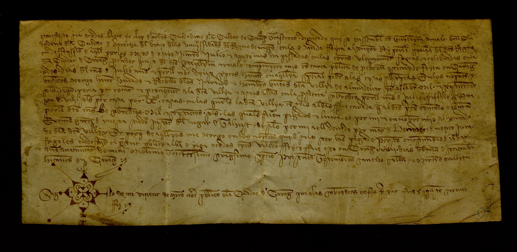 Lope de Lorbés, ciudadano de Zaragoza y tesorero de las Universidades reales de Aragón, reconoce recibir del concejo de Almudévar la cantidad de 1.600 sueldos jaqueses del fogaje aprobado en las Cortes de Zaragoza, correspondientes al pago de 200 fuegos a razón de 8 sueldos por fuego