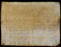 Privilegio del Rey Pedro II por el que declara a los habitantes de Teruel libres y francos de toda demanda de pecha, lezda, peage, portazgo y penso, los aldeanos pagarán anualmente al señor de la villa 4.000 sueldos y las soldadas de jueces, alcaldes, notarios etc., confirma los límites de Teruel según el fuero de Alfonso II