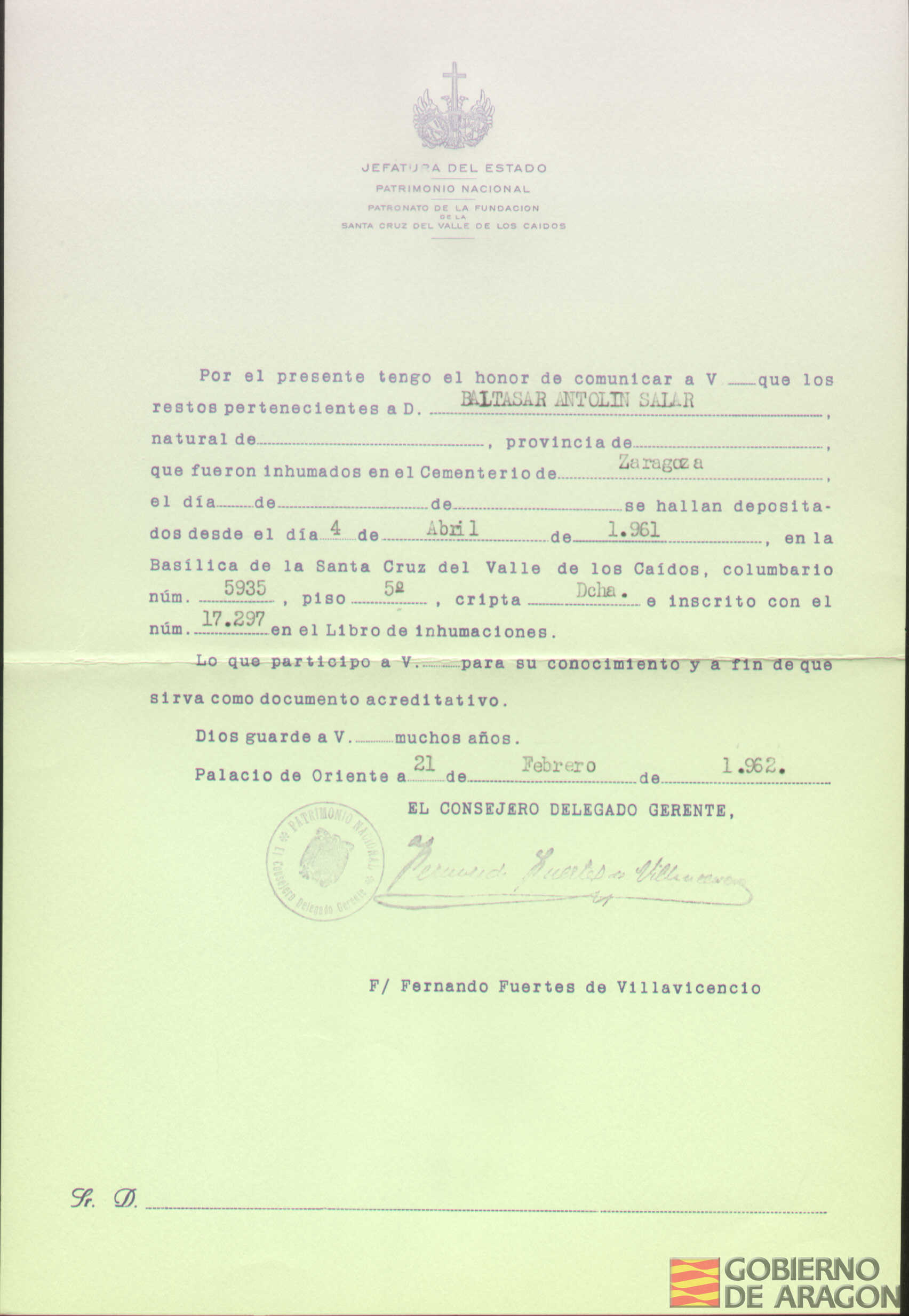 Traslado al Valle de los Caídos de los restos mortales de Baltasar Antolín Salar el día 4 de abril de 1961