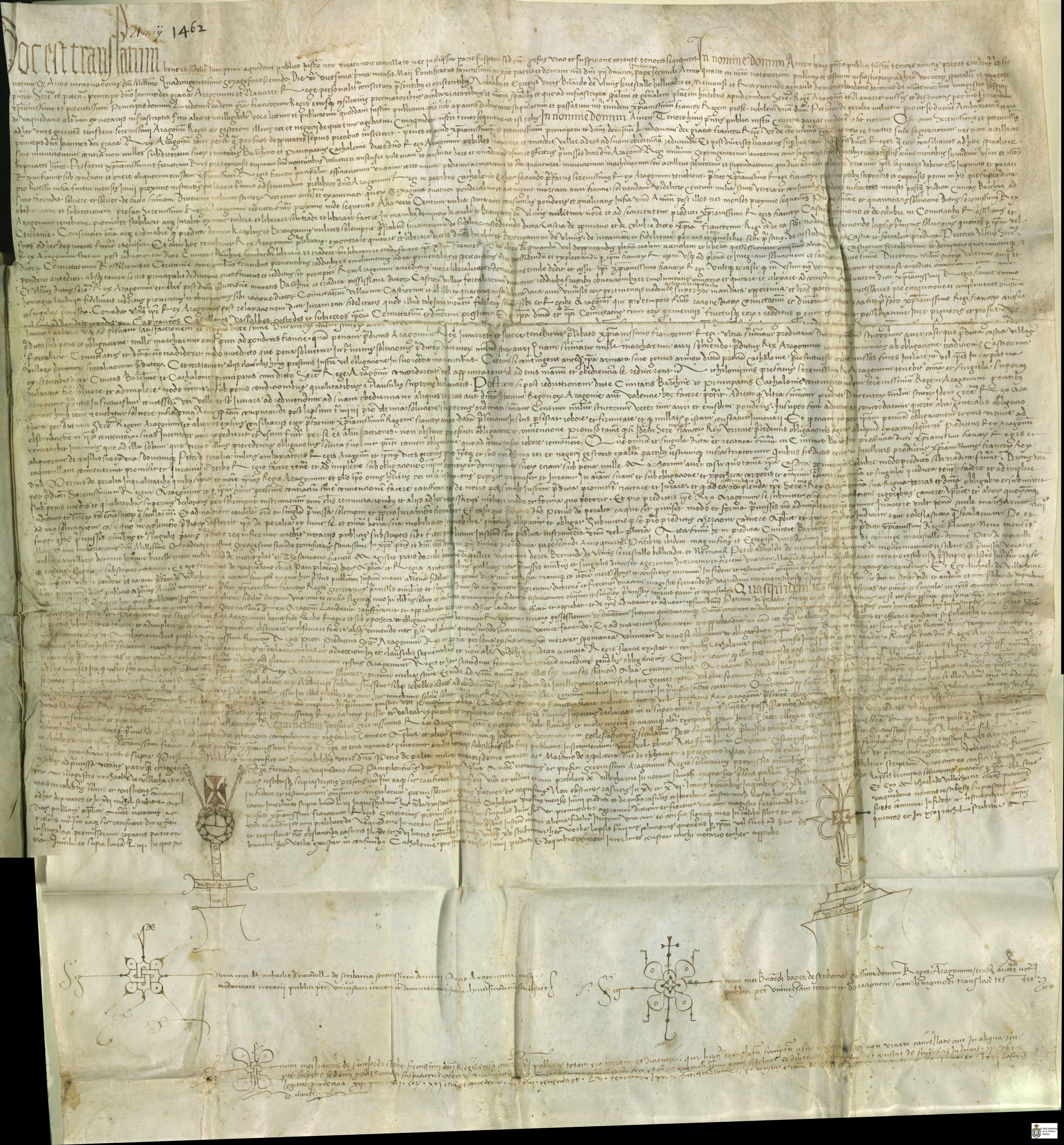 Pactos entre Juan II, rey de Aragón, y Luis XI, rey de Francia -representado en el acto por sus embajadores, Bernald Dolms, senescal de Belcaire y de Nimes, y Ramón Arnaldo de Montebardano, señor de Montemorino, maestre de hostal del rey francés-, en donde se acuerdan, entre otros asuntos, los términos de la ayuda militar francesa para el sometimiento de la revuelta catalana y sus contrapartidas