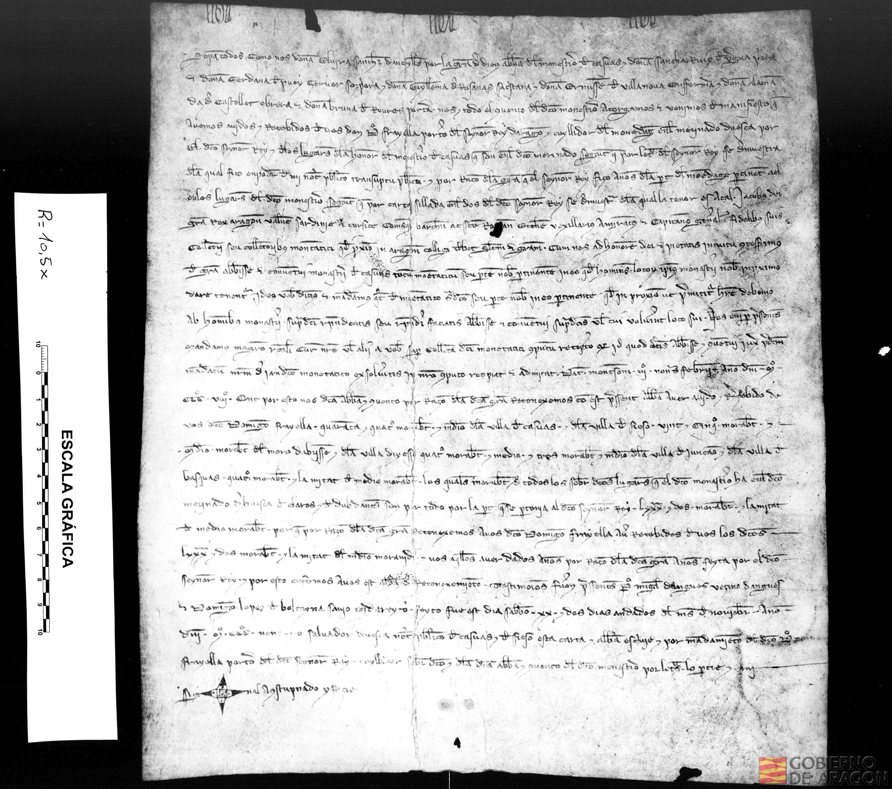 Elvira Sánchez de Antillón, abadesa, y todo el convento de Casbas, en virtud de una carta de Jaime II (Monzón, 1309/02/03) por la que asigna al monasterio el monedaje correspondiente a sus vasallos, ella reconoce que ha recibido los 82 morabatines y medio recaudados en varios pueblos